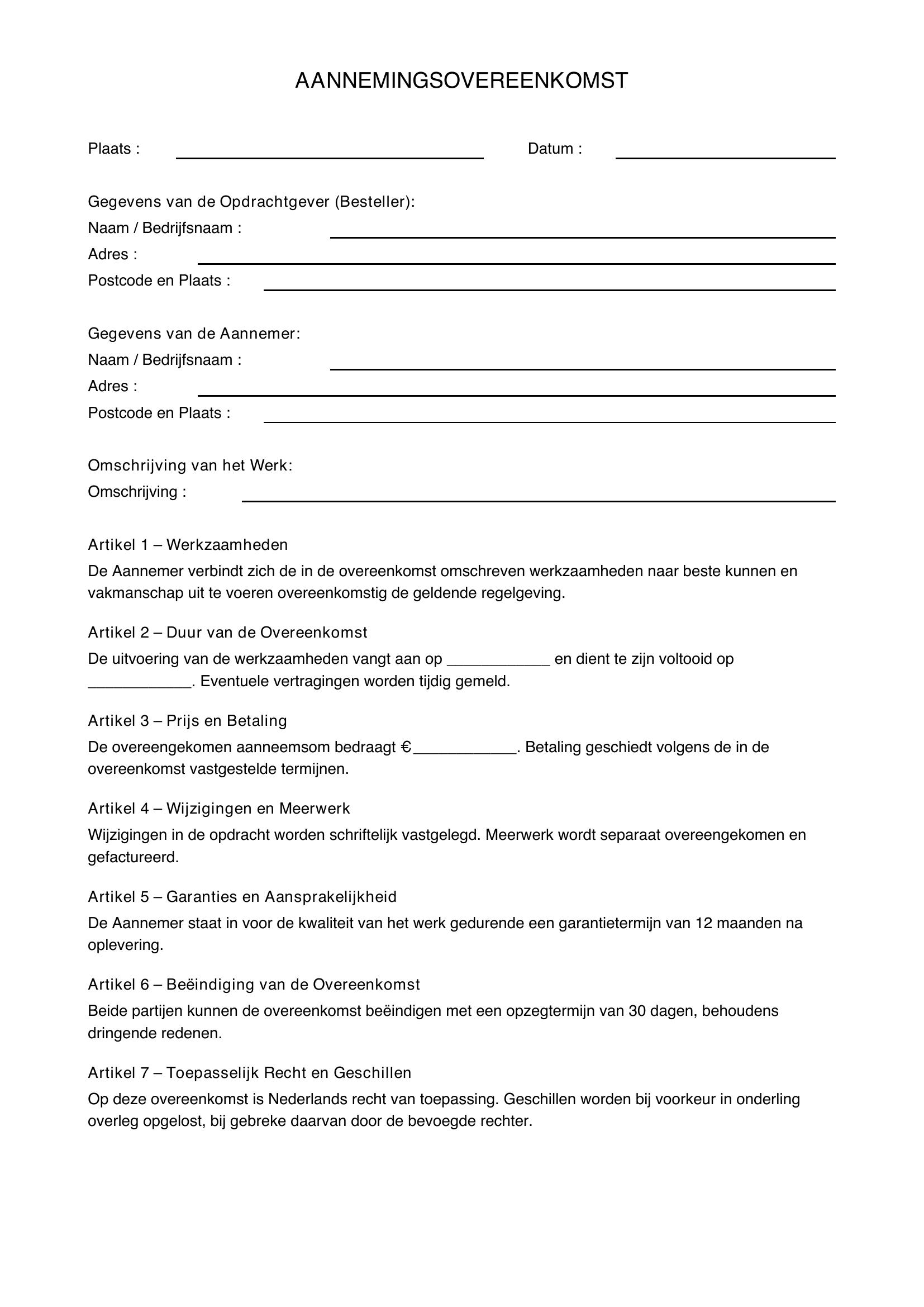 Aannemingsovereenkomst Voorbeeld