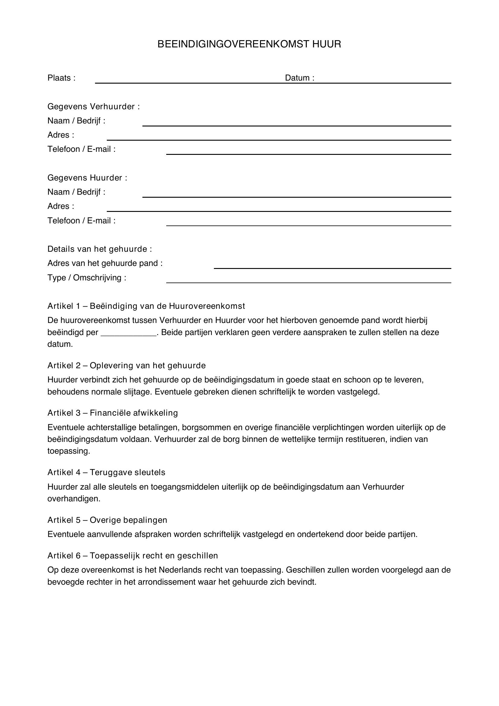 Beëindigingsovereenkomst Huur Voorbeeld