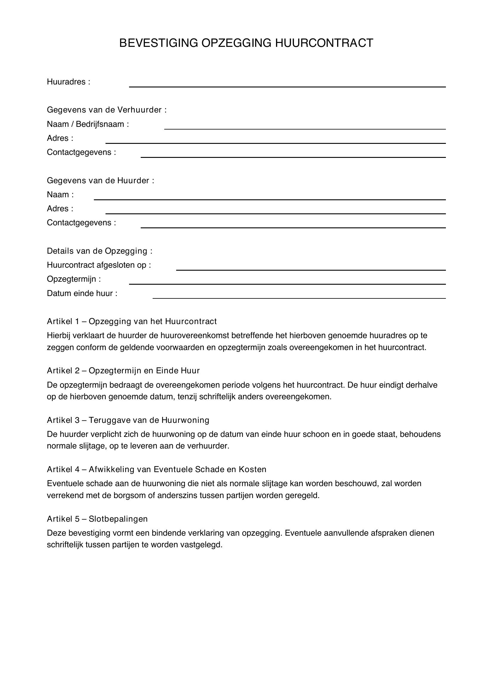 Bevestiging Opzegging Huurovereenkomst