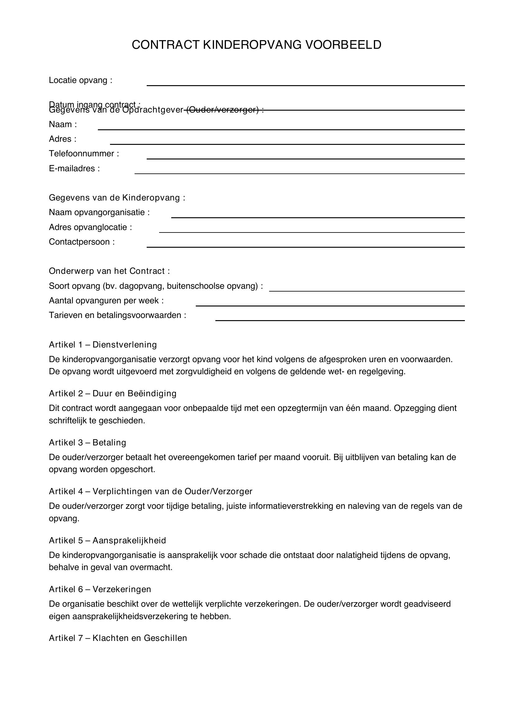 Contract Kinderopvang Voorbeeld