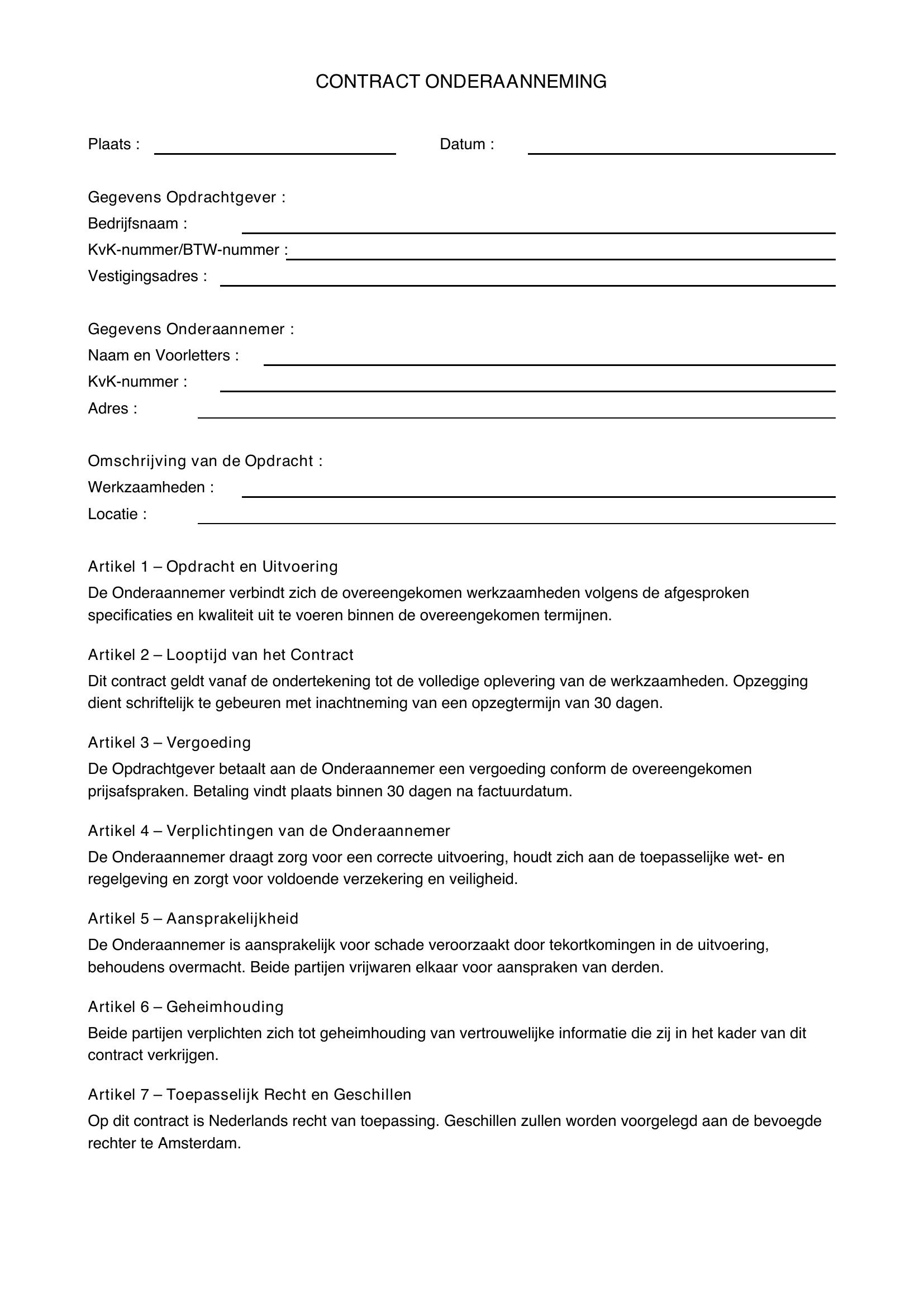 Contract Onderaanneming Voorbeeld