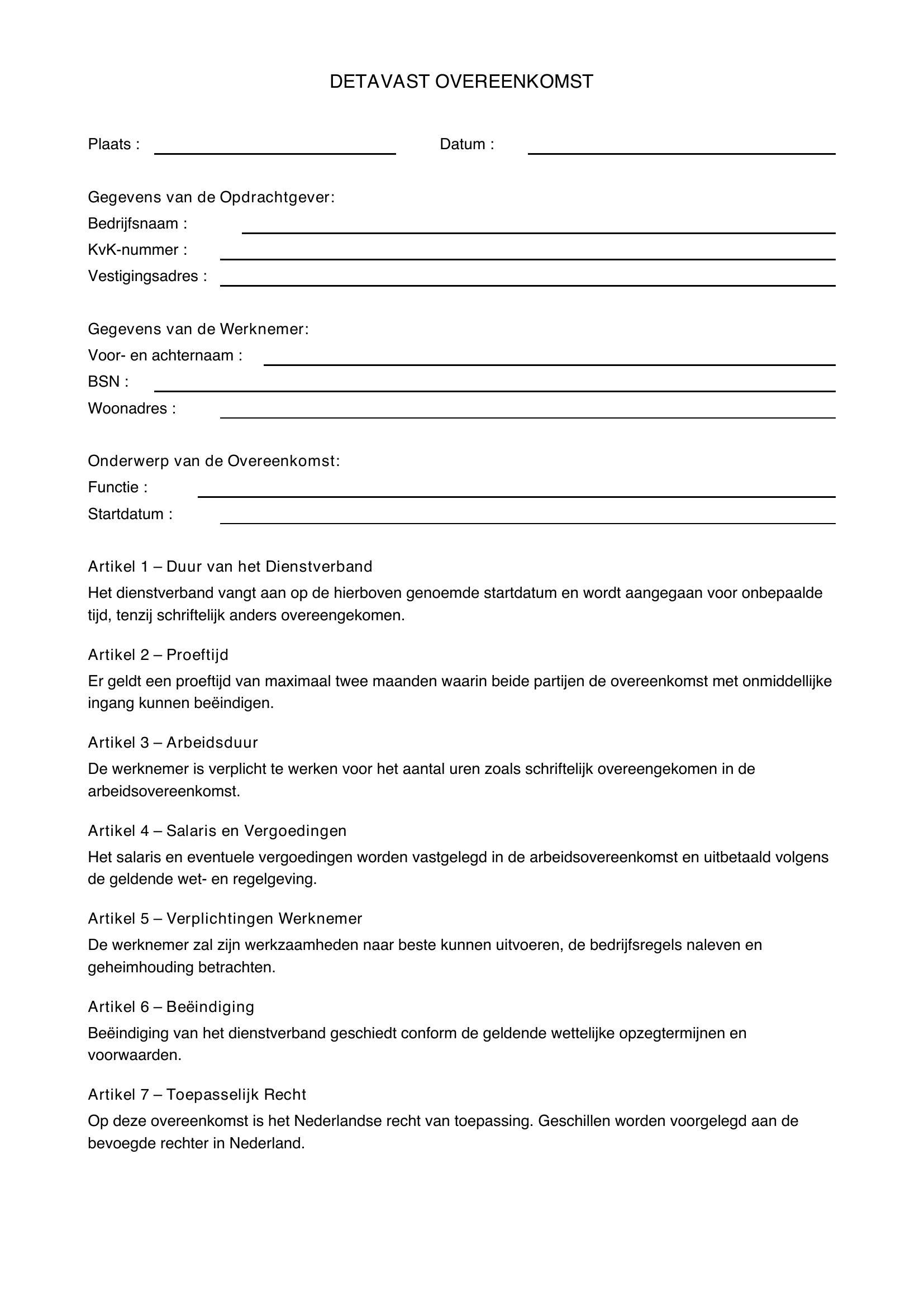 Detavast Contract Voorbeeld