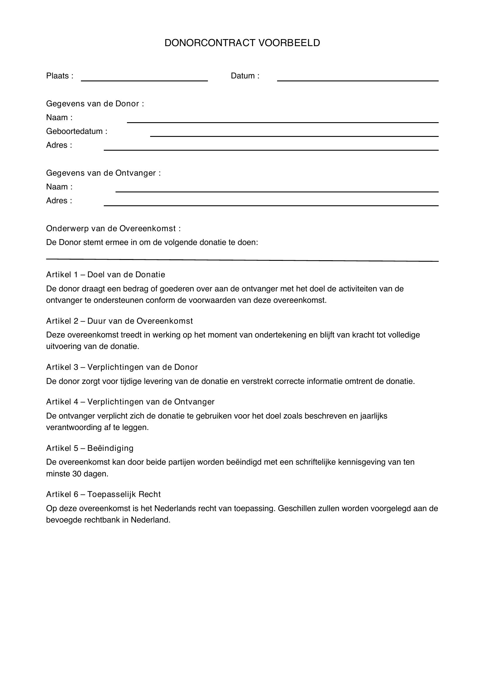 Donorcontract Voorbeeld
