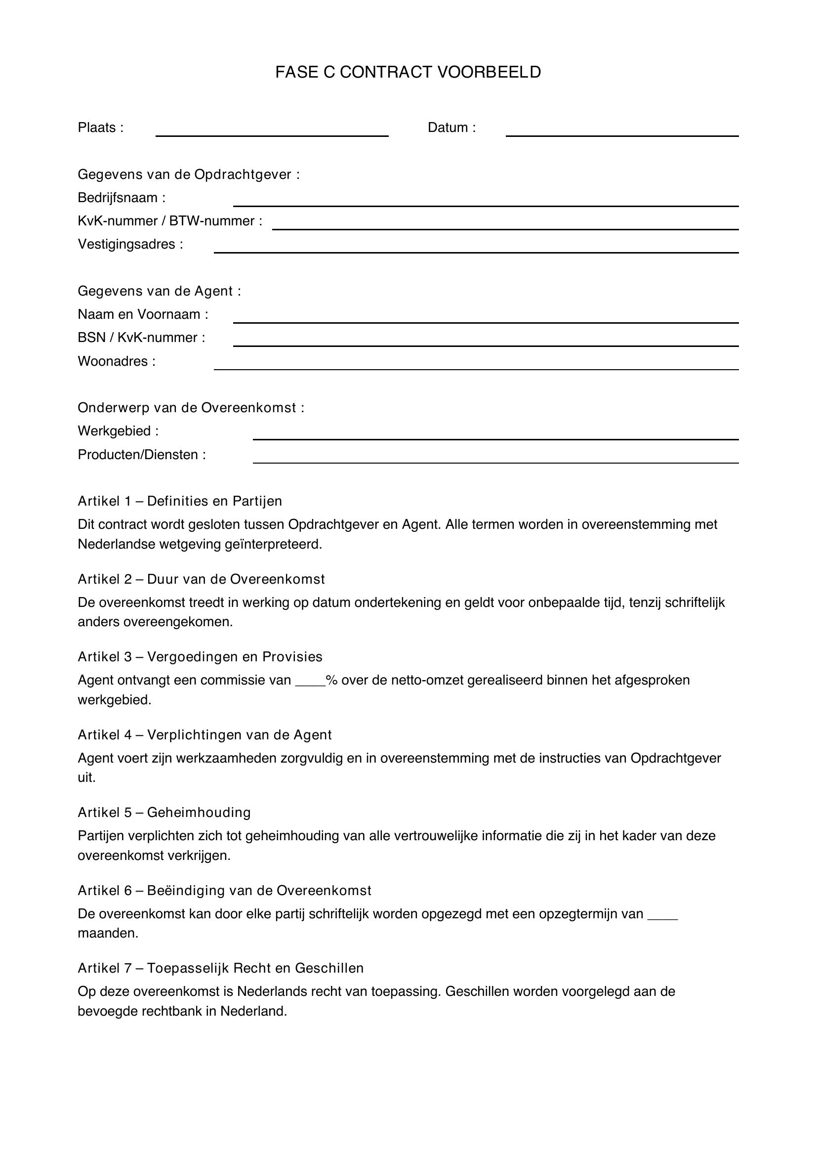 Fase C Contract Voorbeeld