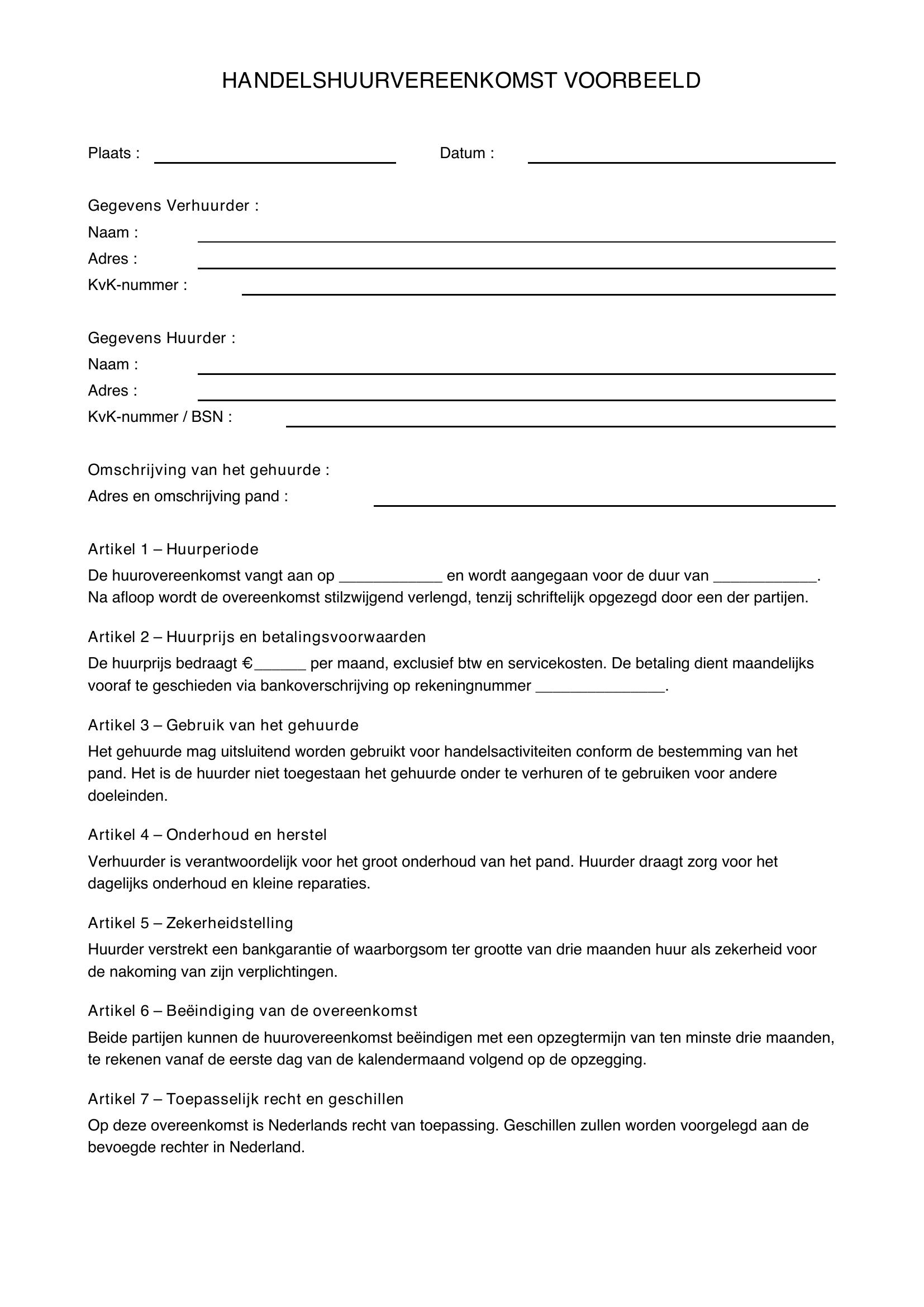Handelshuurovereenkomst Voorbeeld