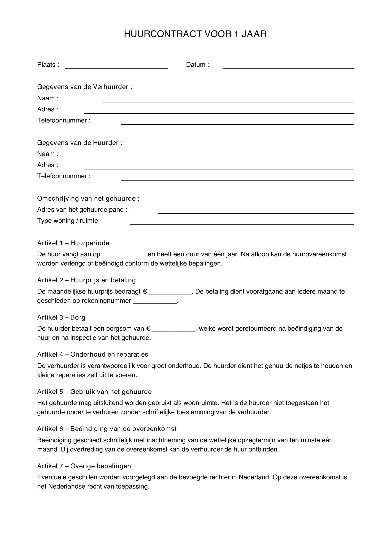 Huurcontract 1 Jaar Voorbeeld