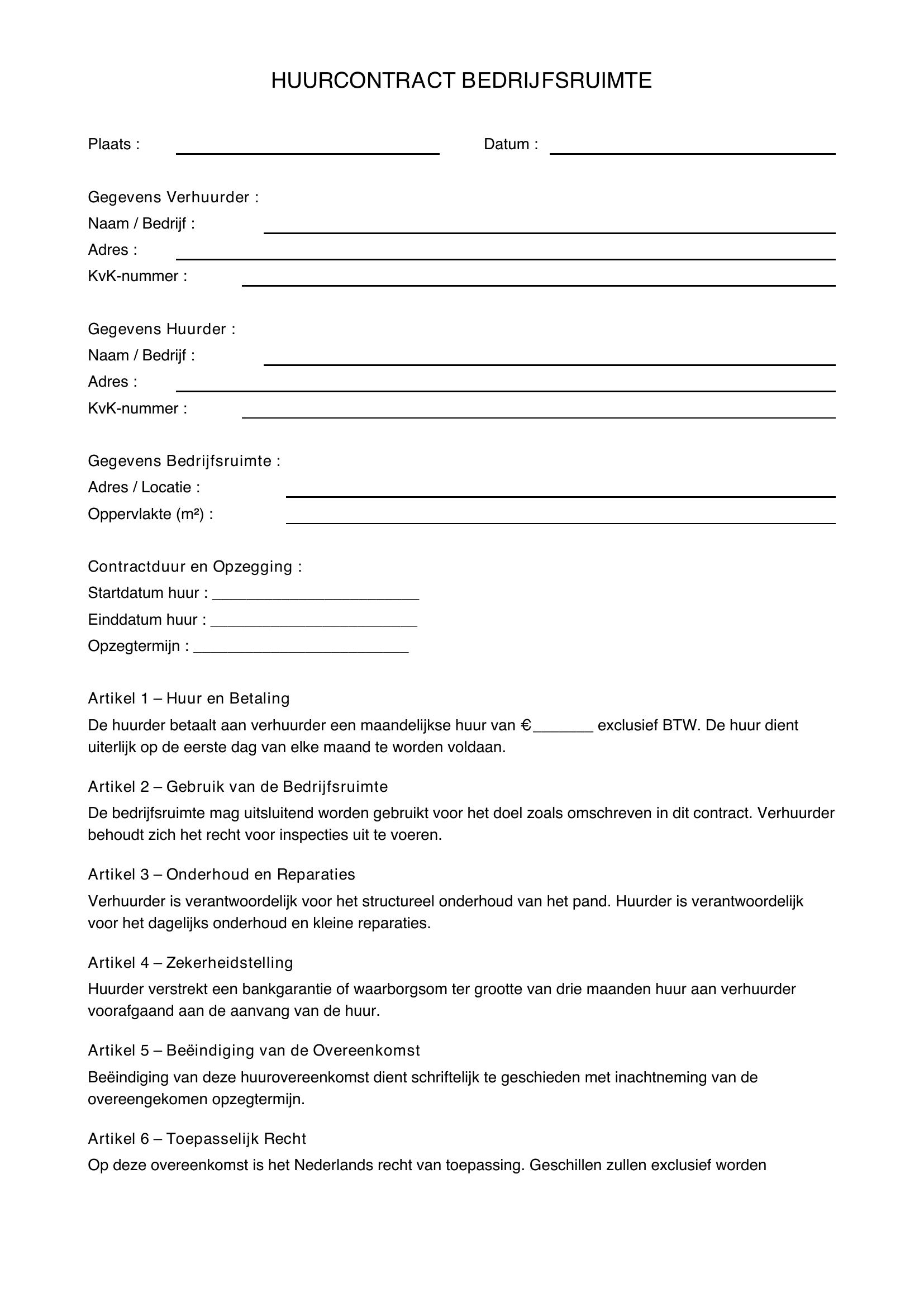 Huurovereenkomst Bedrijfsruimte Document