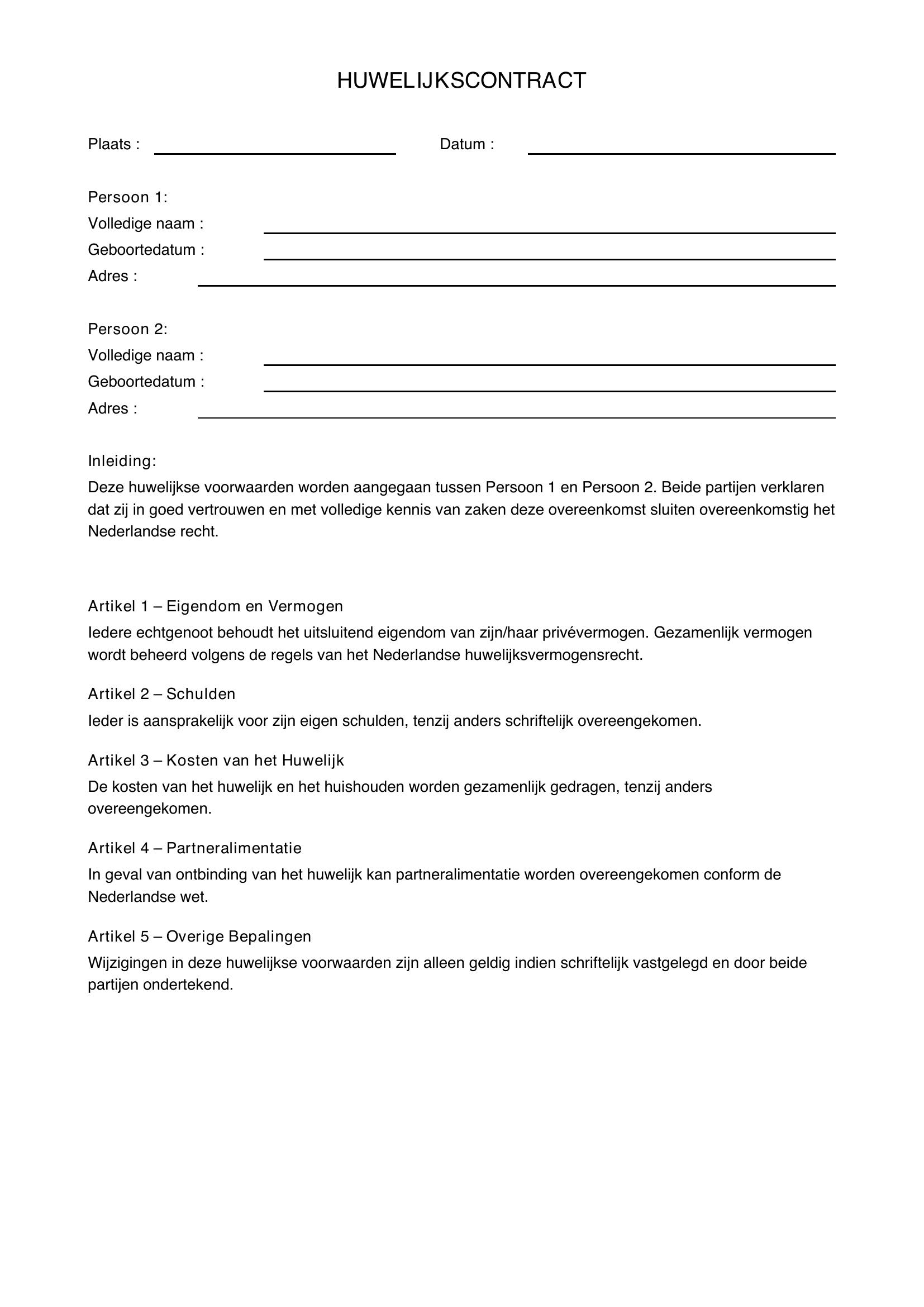 Huwelijkscontract Voorbeeld