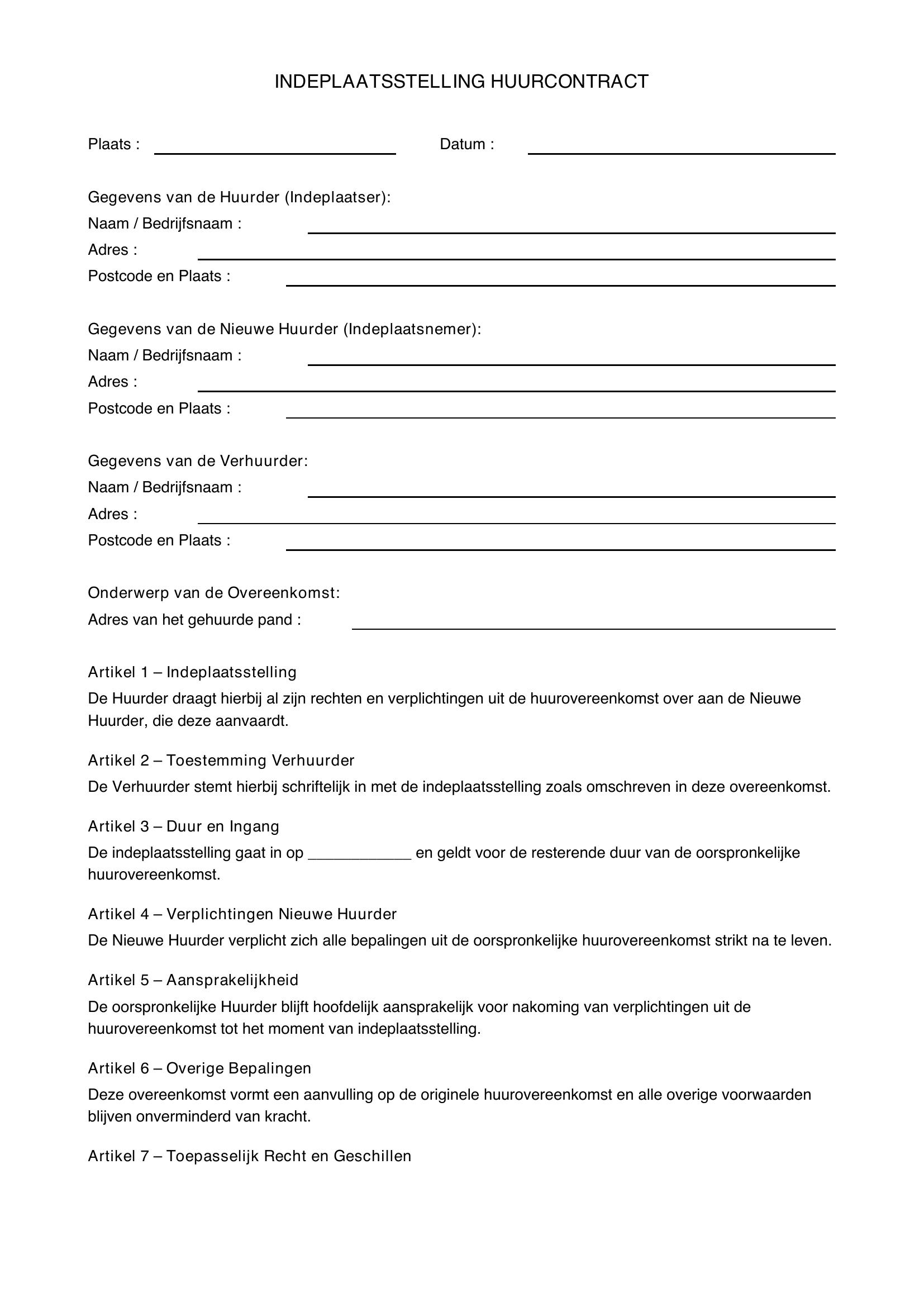 Indeplaatsstelling Huurovereenkomst Voorbeeld