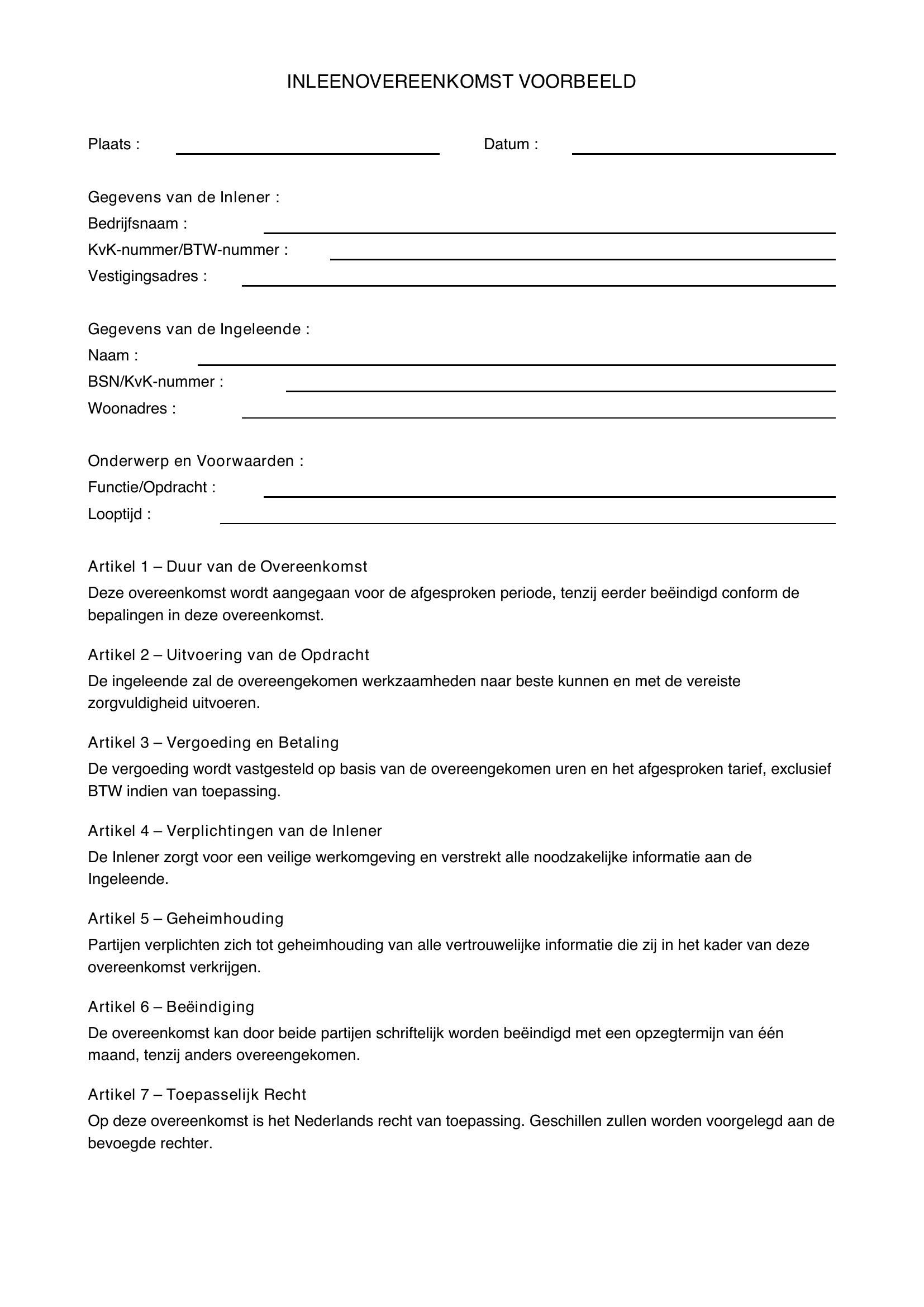Inleenovereenkomst Voorbeeld
