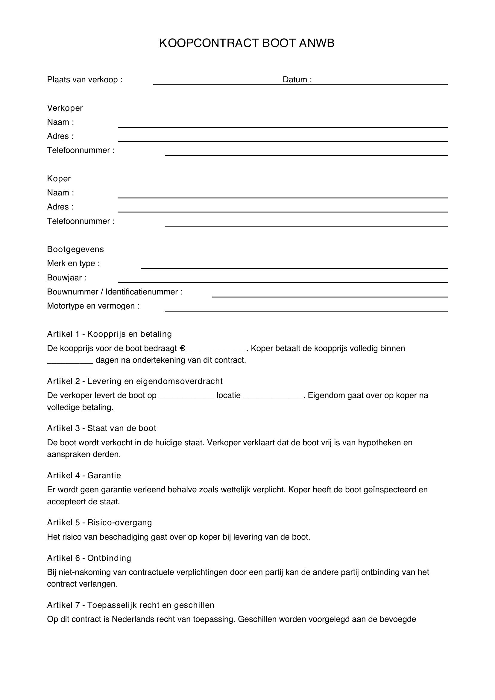 Koopcontract Boot Anwb