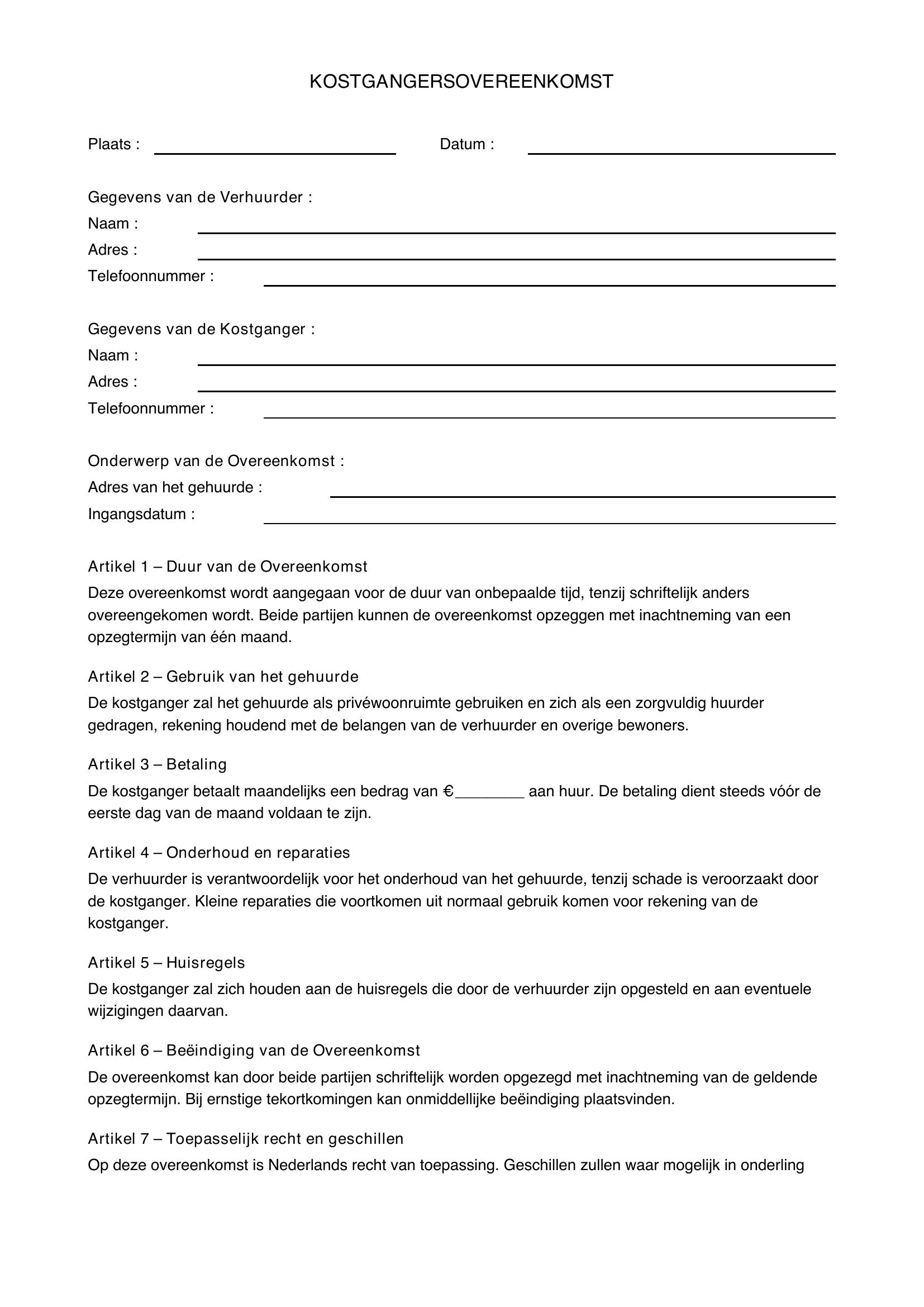 Kostgangersovereenkomst