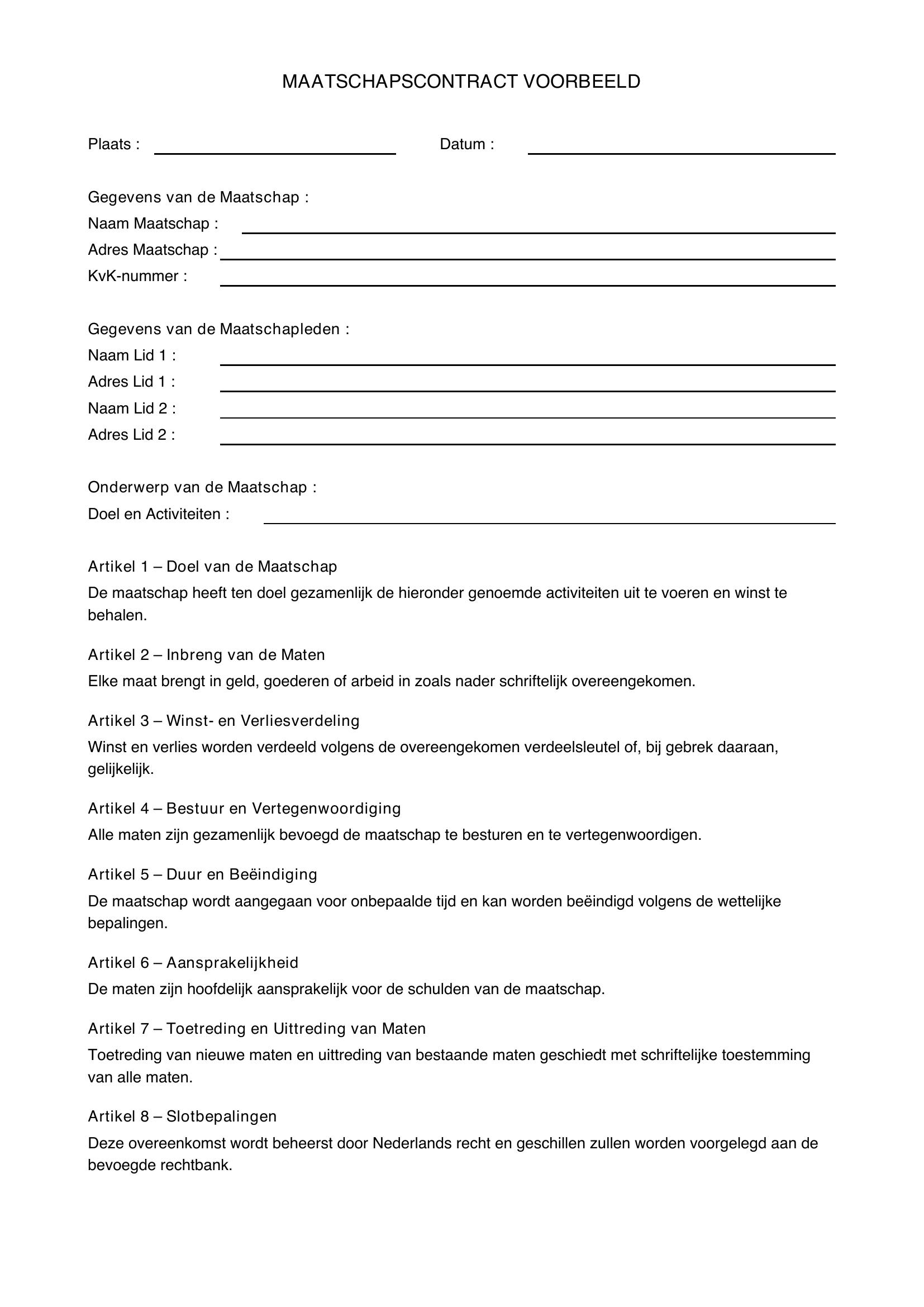 Maatschapscontract Voorbeeld