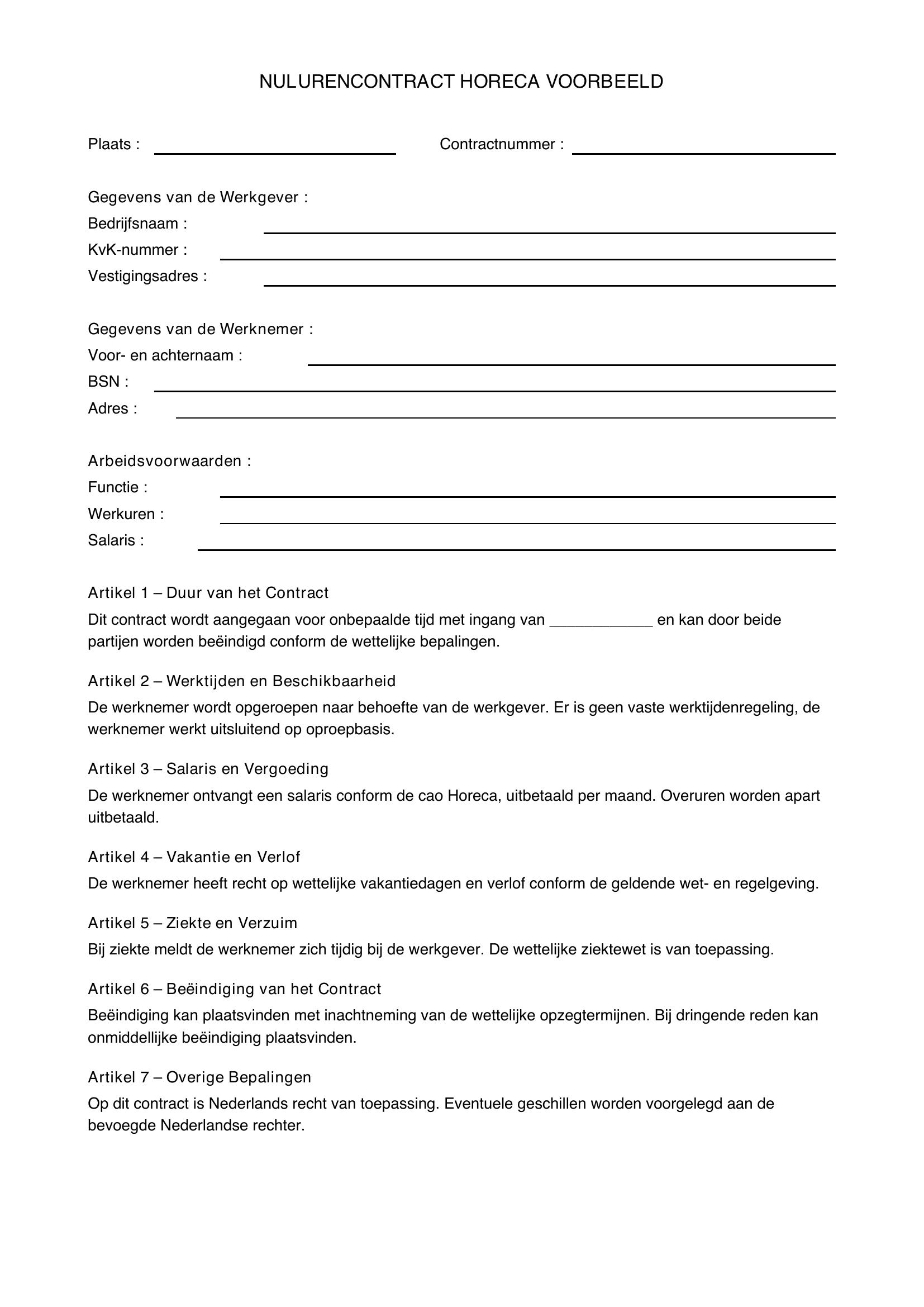 Nul Uren Contract Horeca Voorbeeld