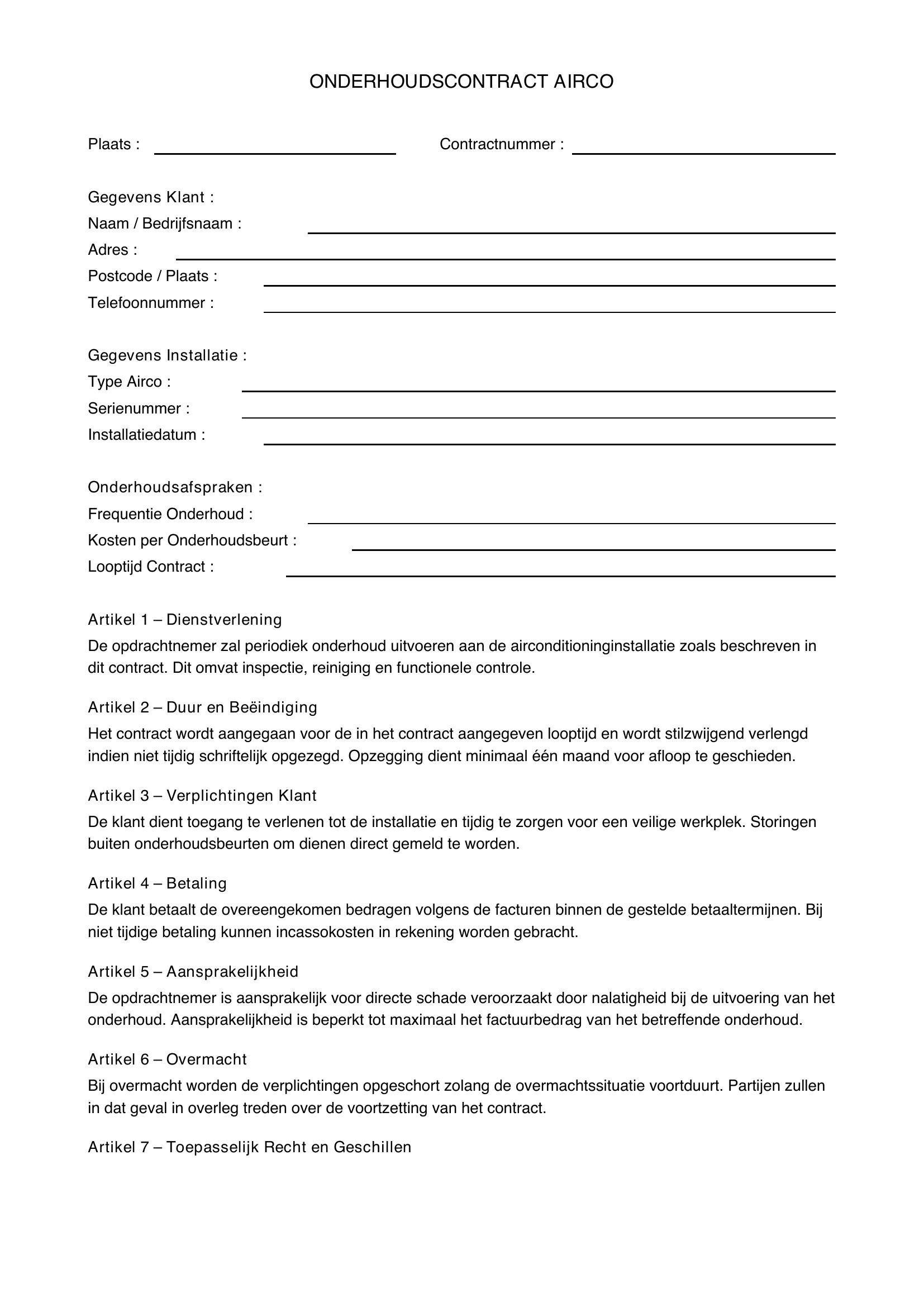 Onderhoudscontract Airco Voorbeeld