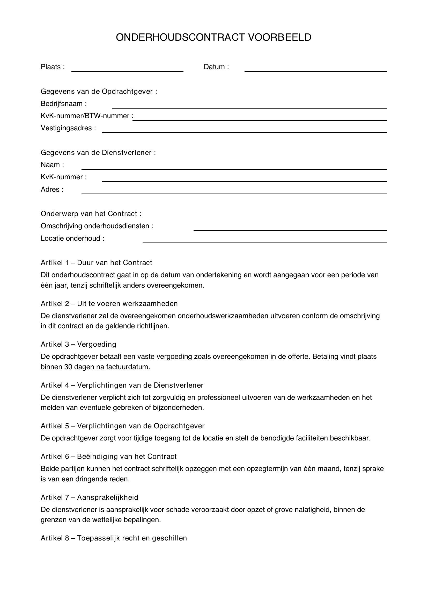 Onderhoudscontract Voorbeeld