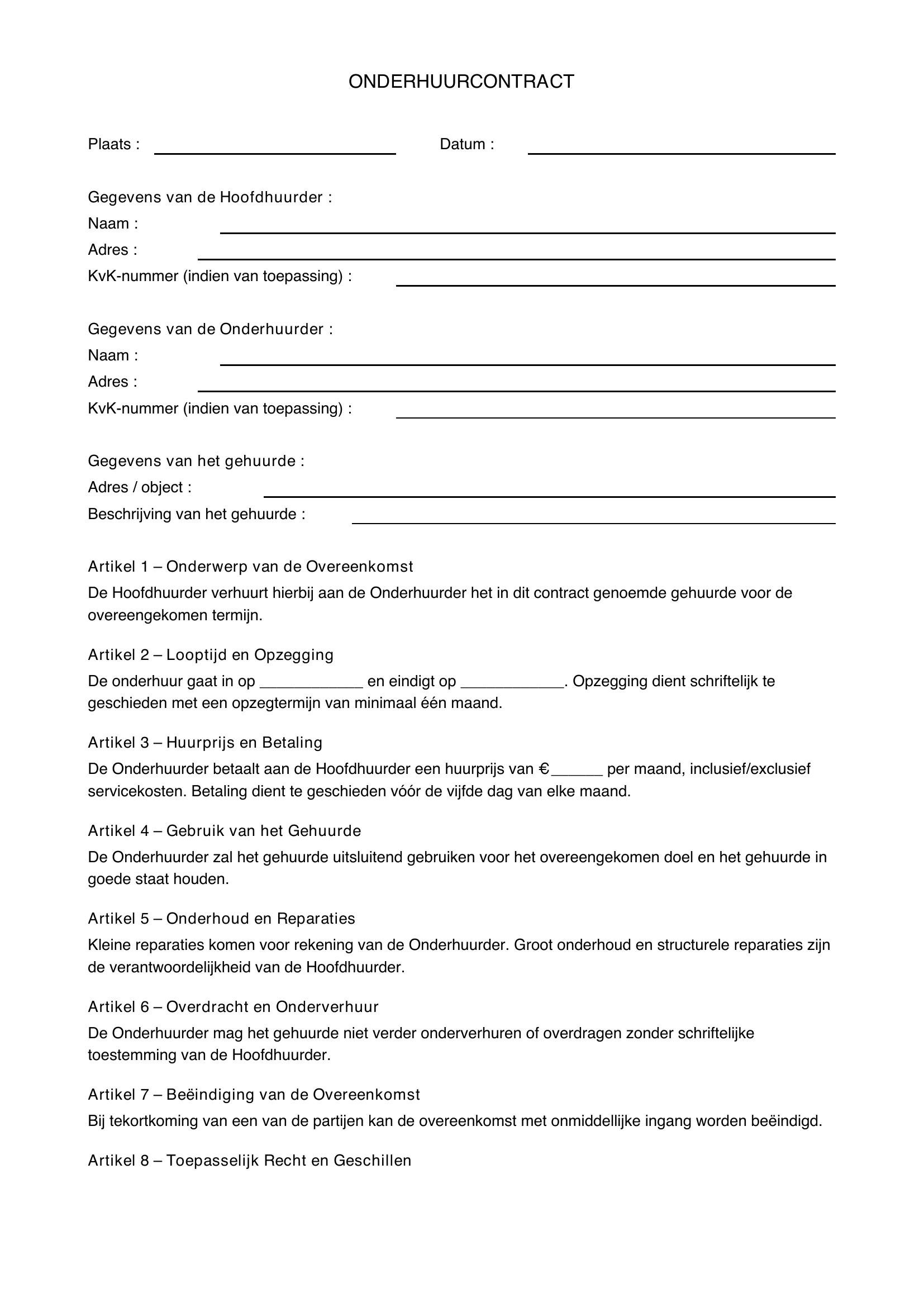 Onderhuur Contract Voorbeeld