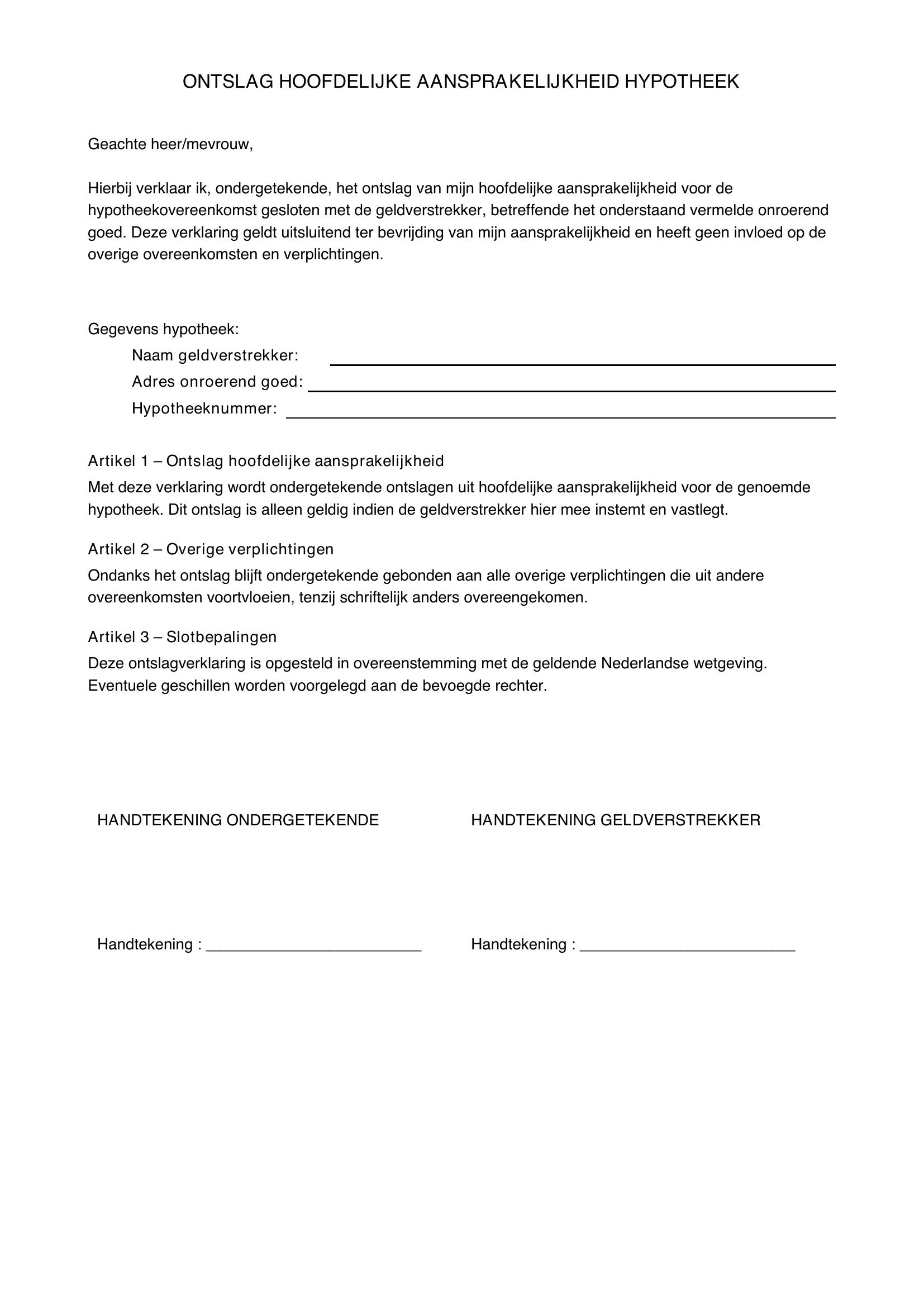 Ontslag Hoofdelijke Aansprakelijkheid Hypotheek Voorbeeldbrief