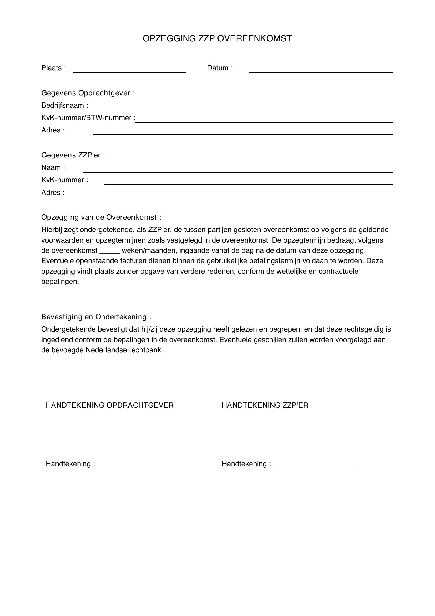 Opzegging Zzp Overeenkomst Voorbeeld