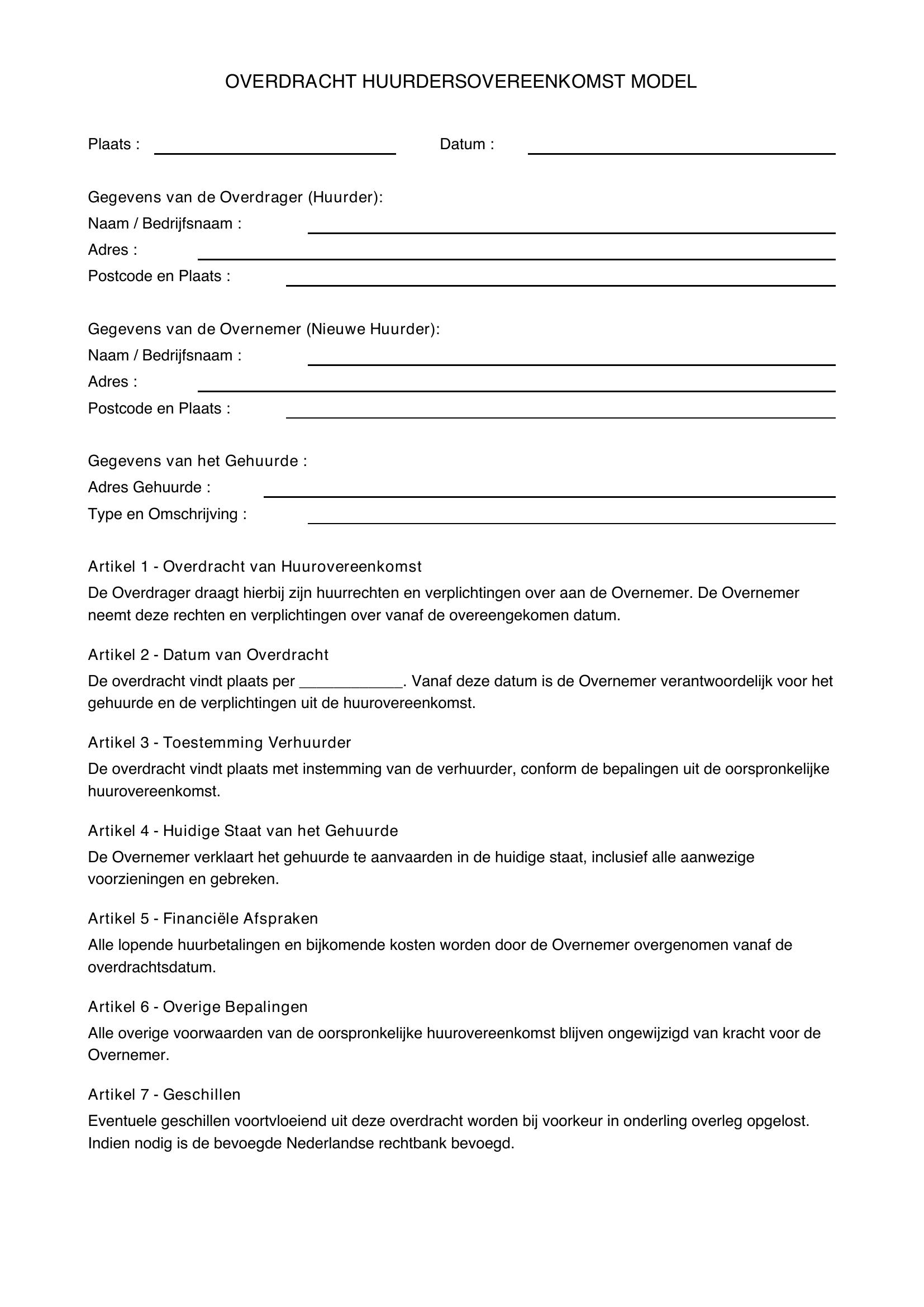 Overdracht Huurovereenkomst Model