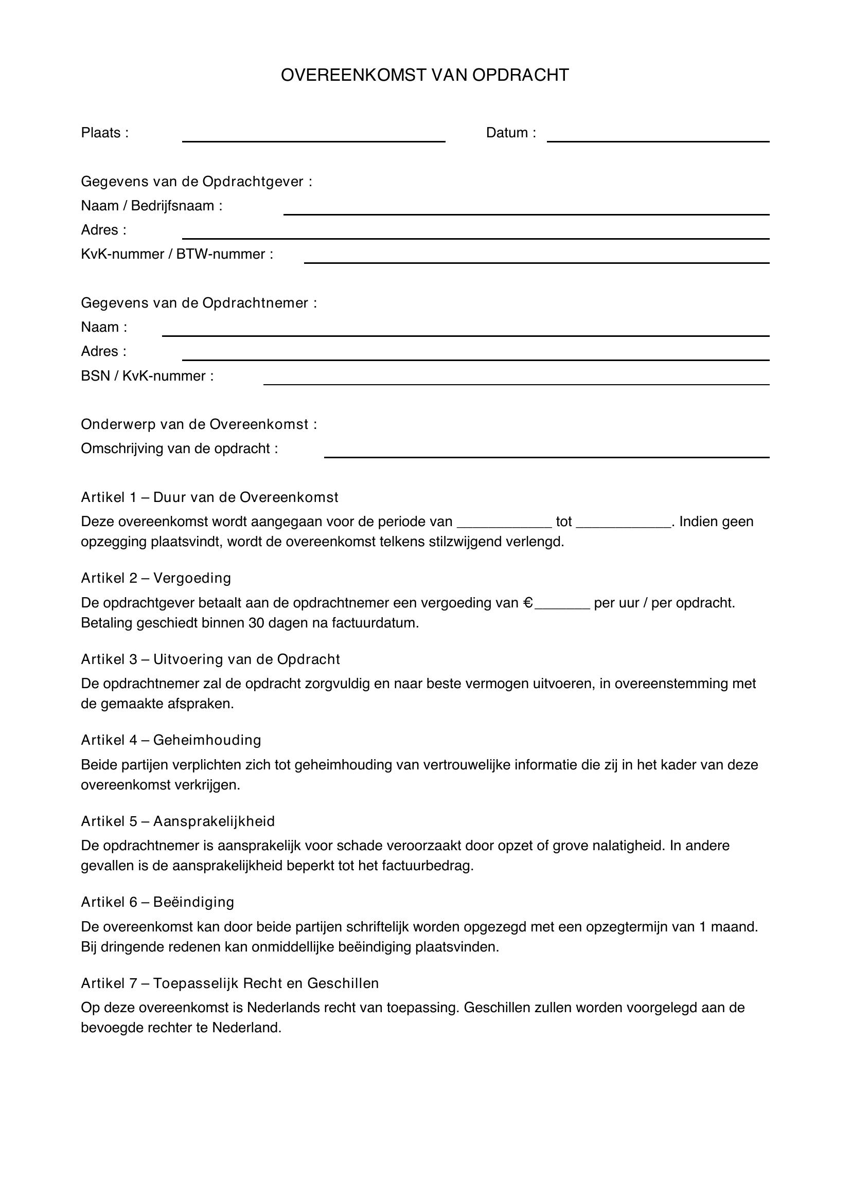 Overeenkomst Van Opdracht Voorbeeld