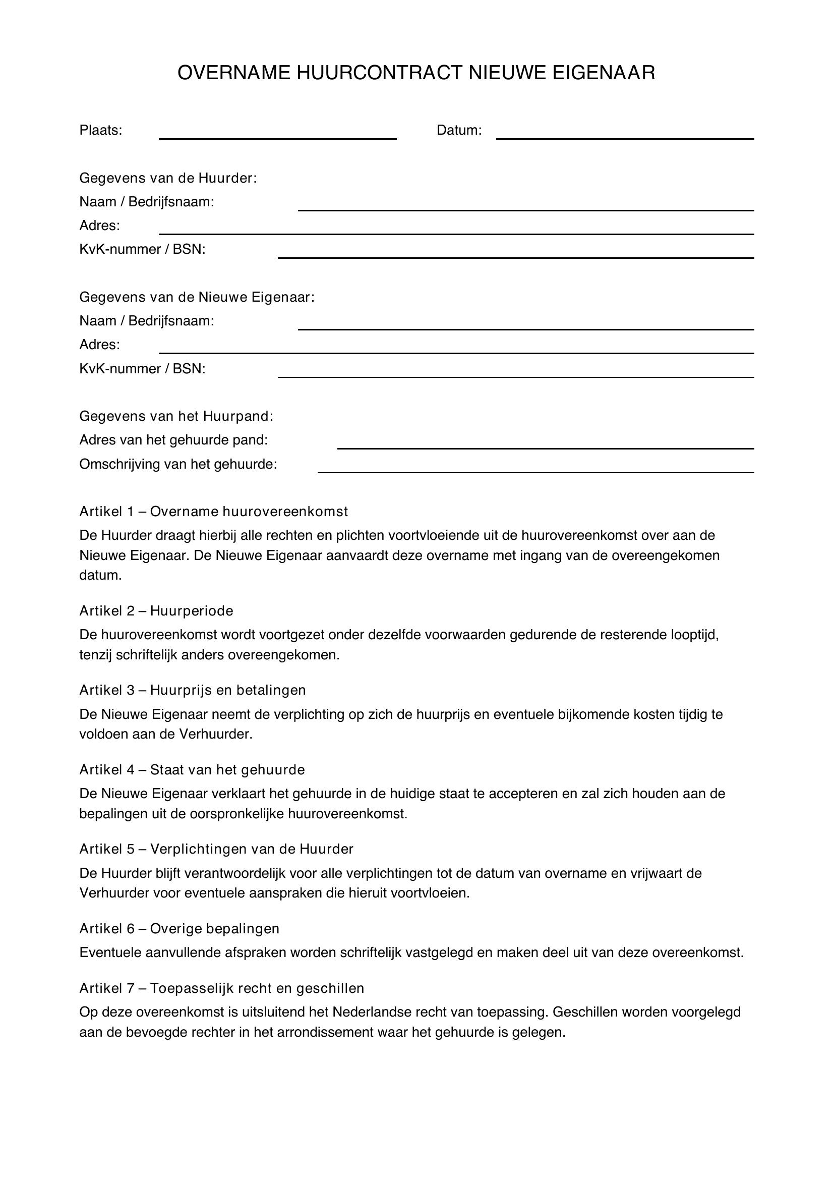 Overname Huurcontract Nieuwe Eigenaar Voorbeeld