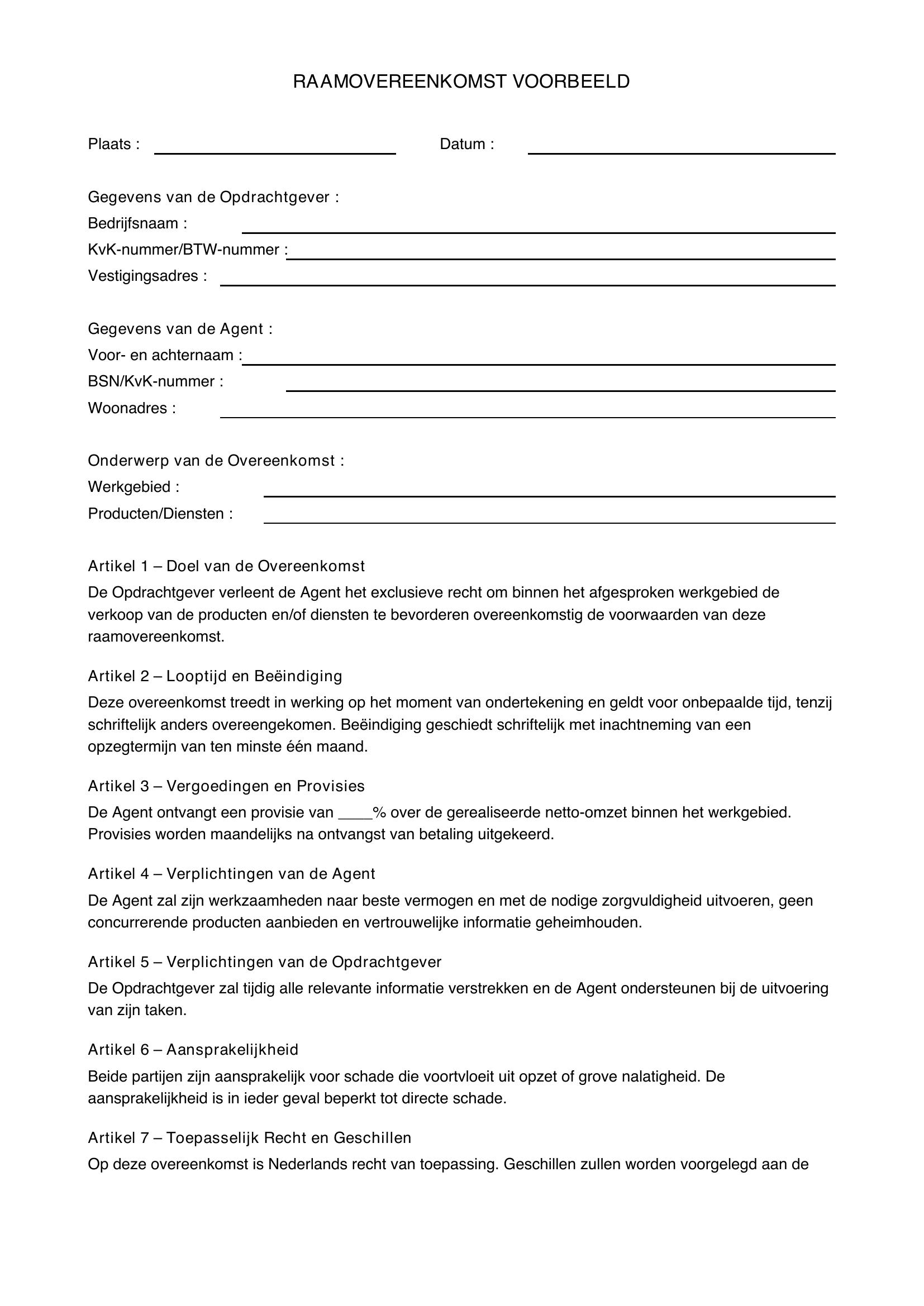 Raamovereenkomst Voorbeeld