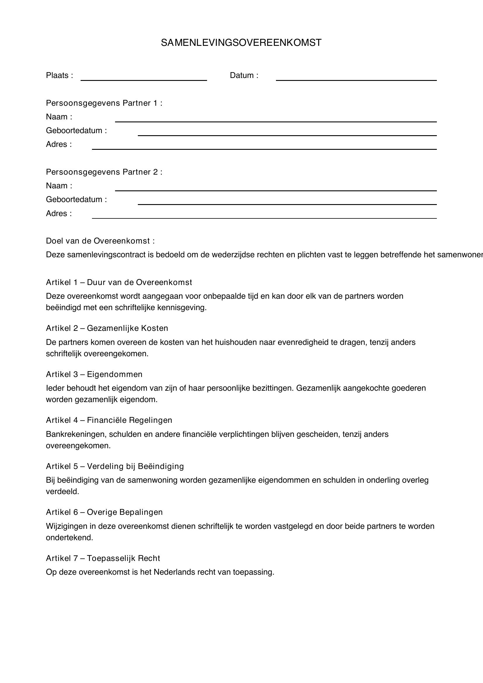 Samenlevingscontract Voorbeeld