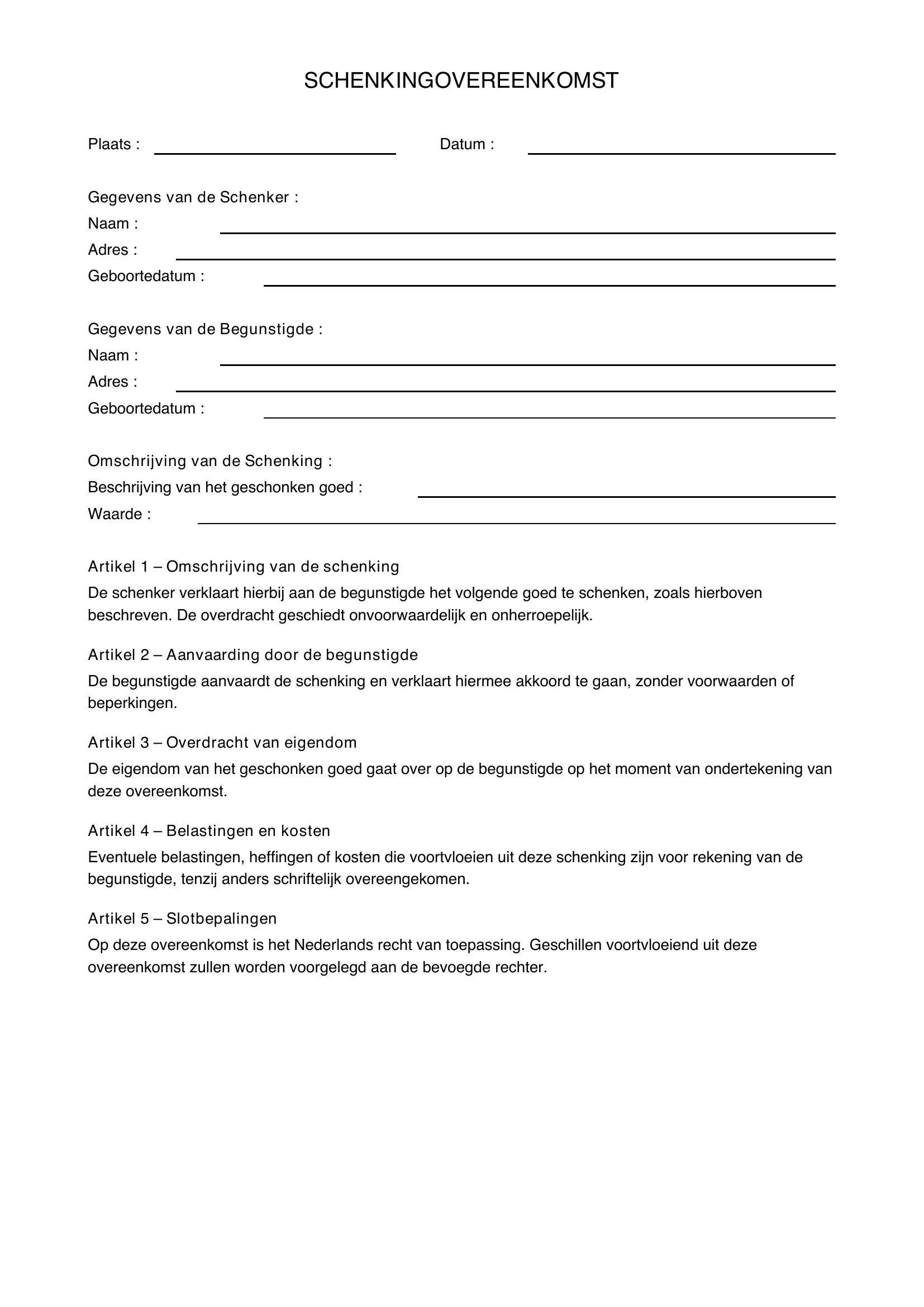 Schenkingsovereenkomst Voorbeeld
