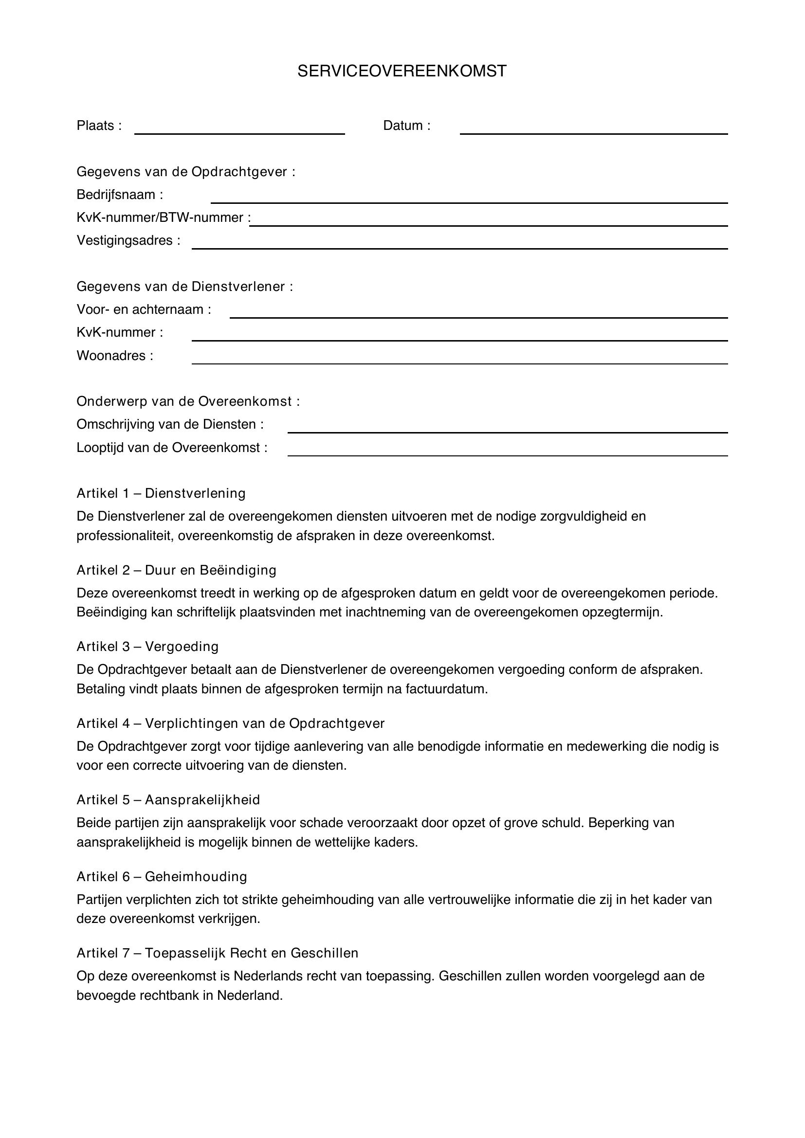 Service Contract Voorbeeld