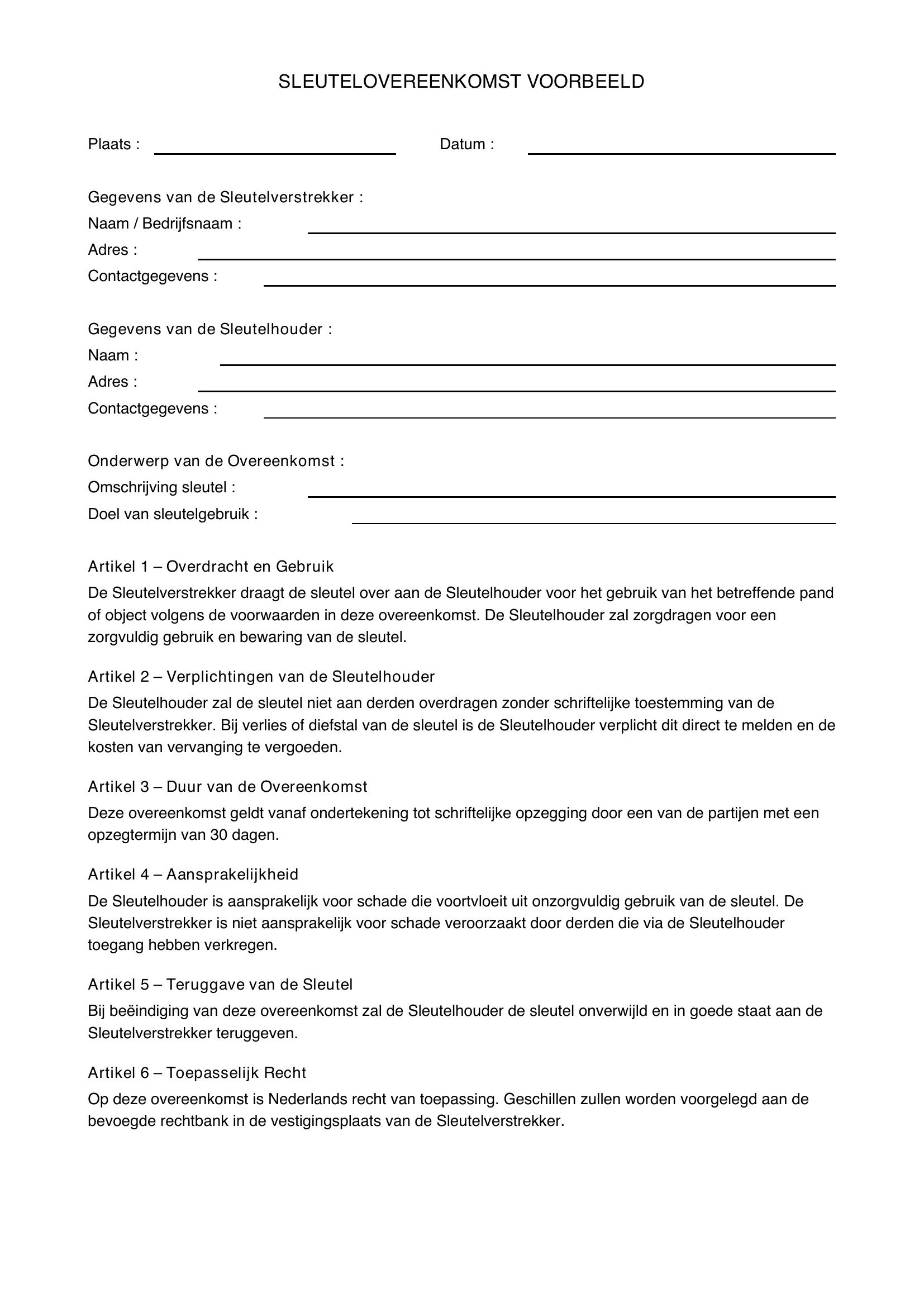 Sleutelovereenkomst Voorbeeld