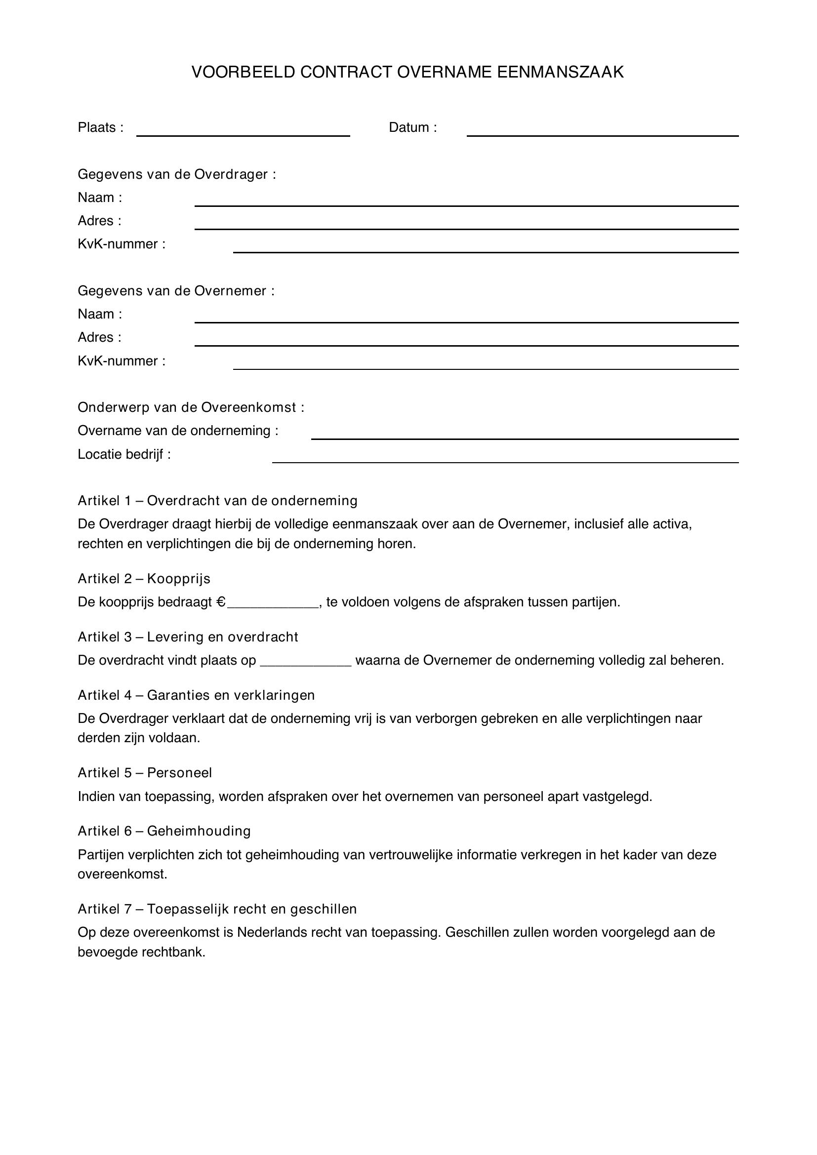 Voorbeeld Contract Overname Eenmanszaak