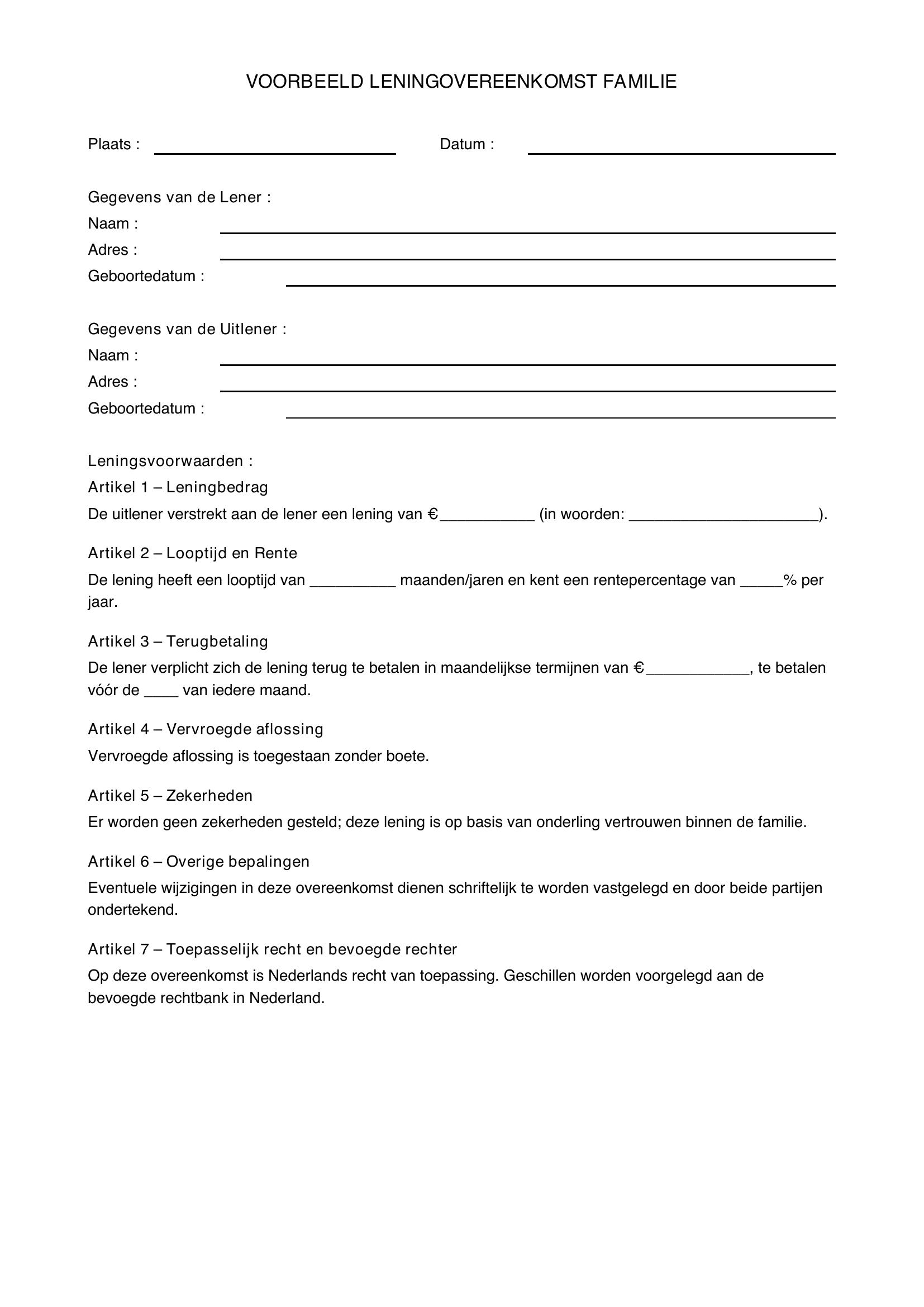 Voorbeeld Leningsovereenkomst Familie