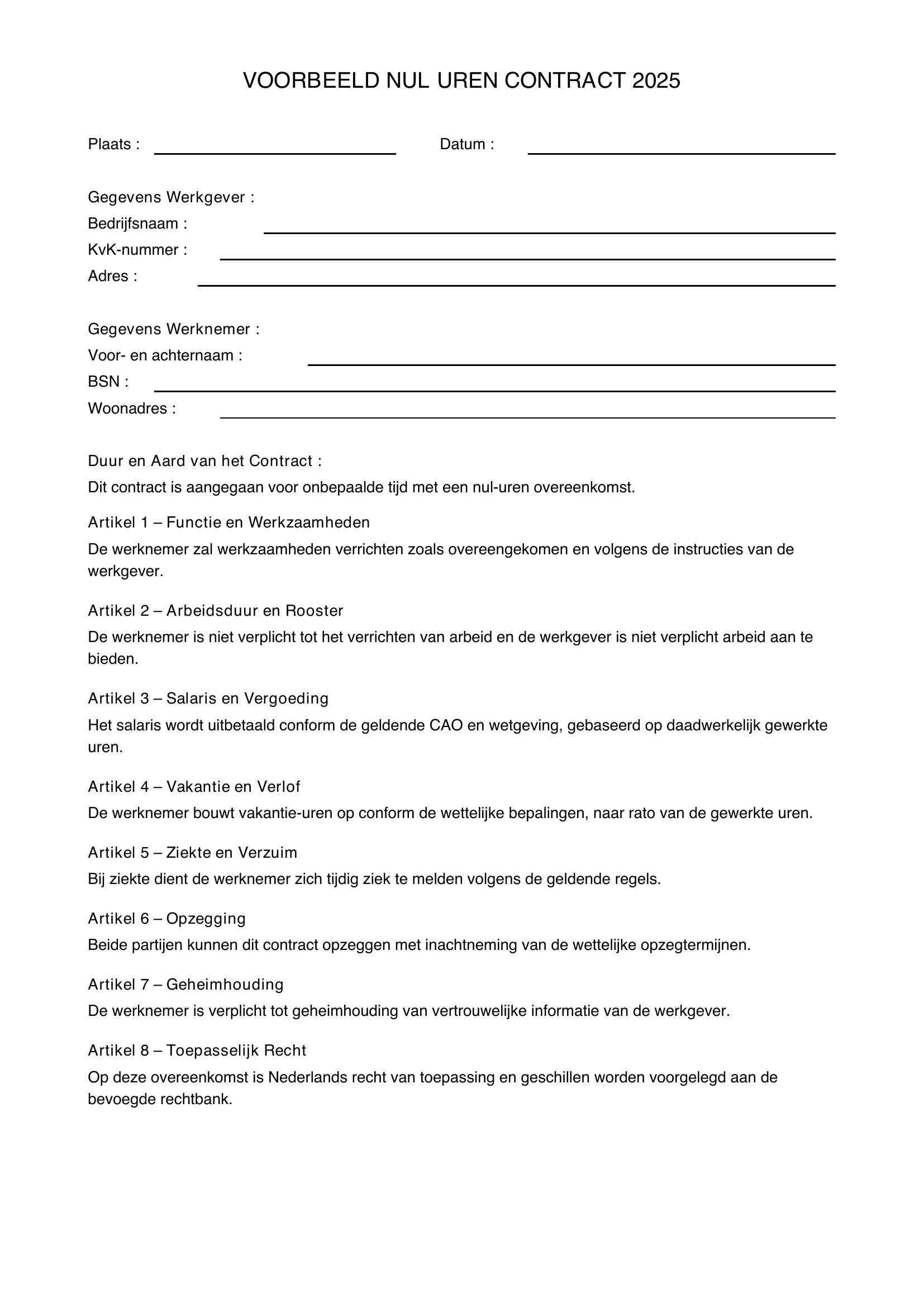 Voorbeeld Nul Uren Contract 2025