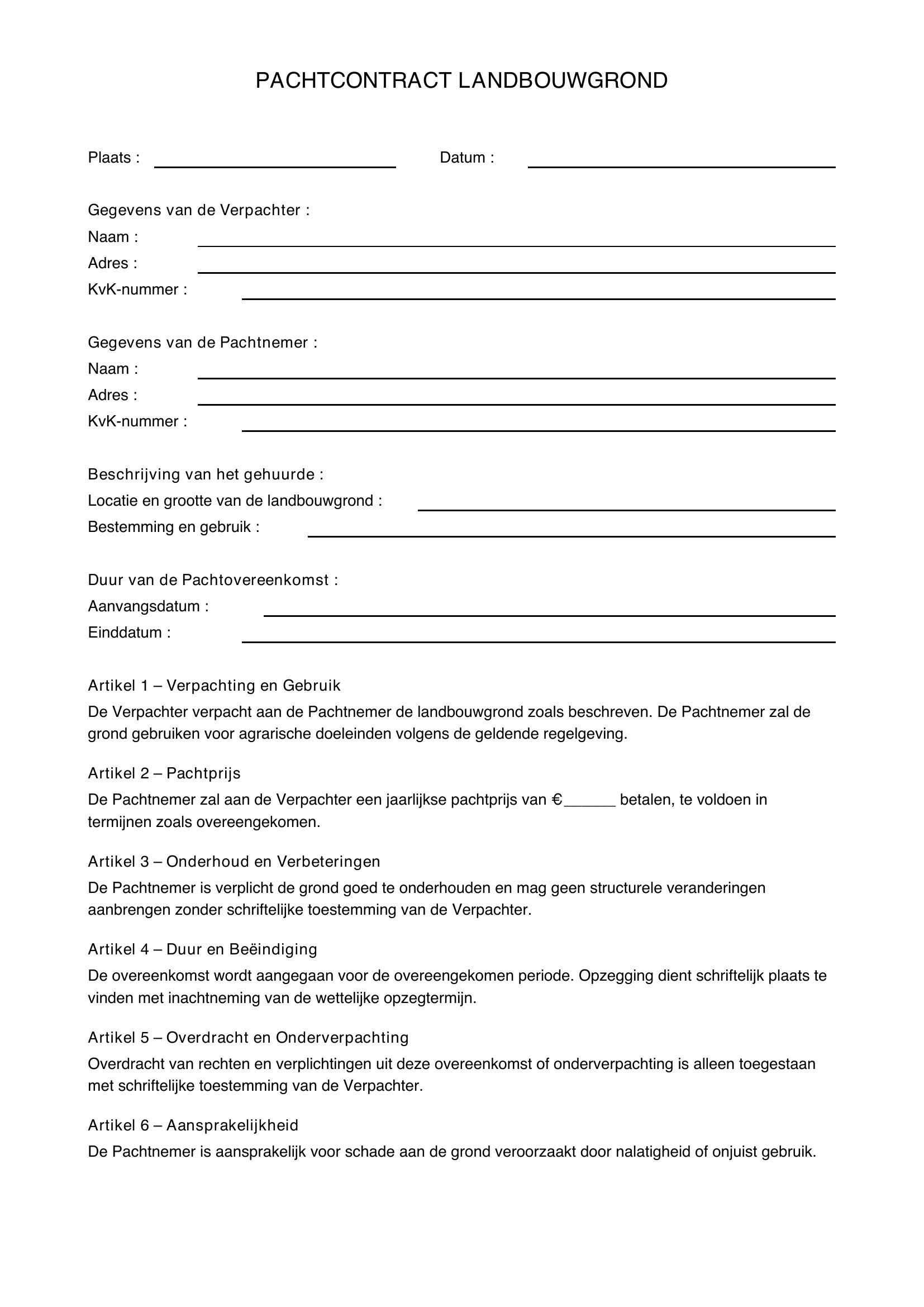 Voorbeeld Pachtcontract Landbouwgrond