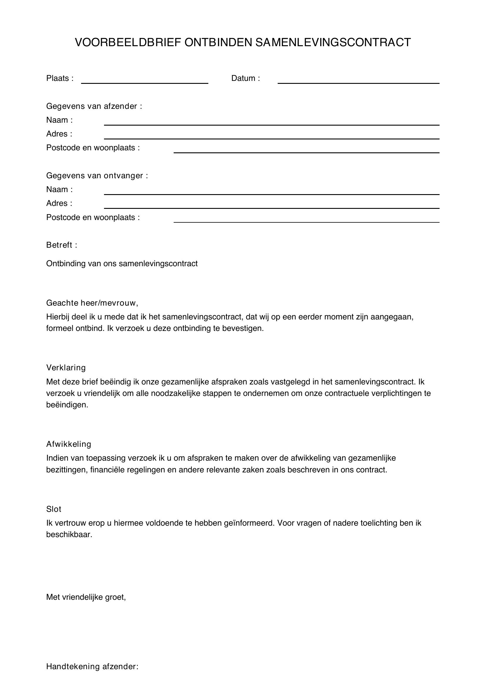 Voorbeeldbrief Ontbinden Samenlevingscontract