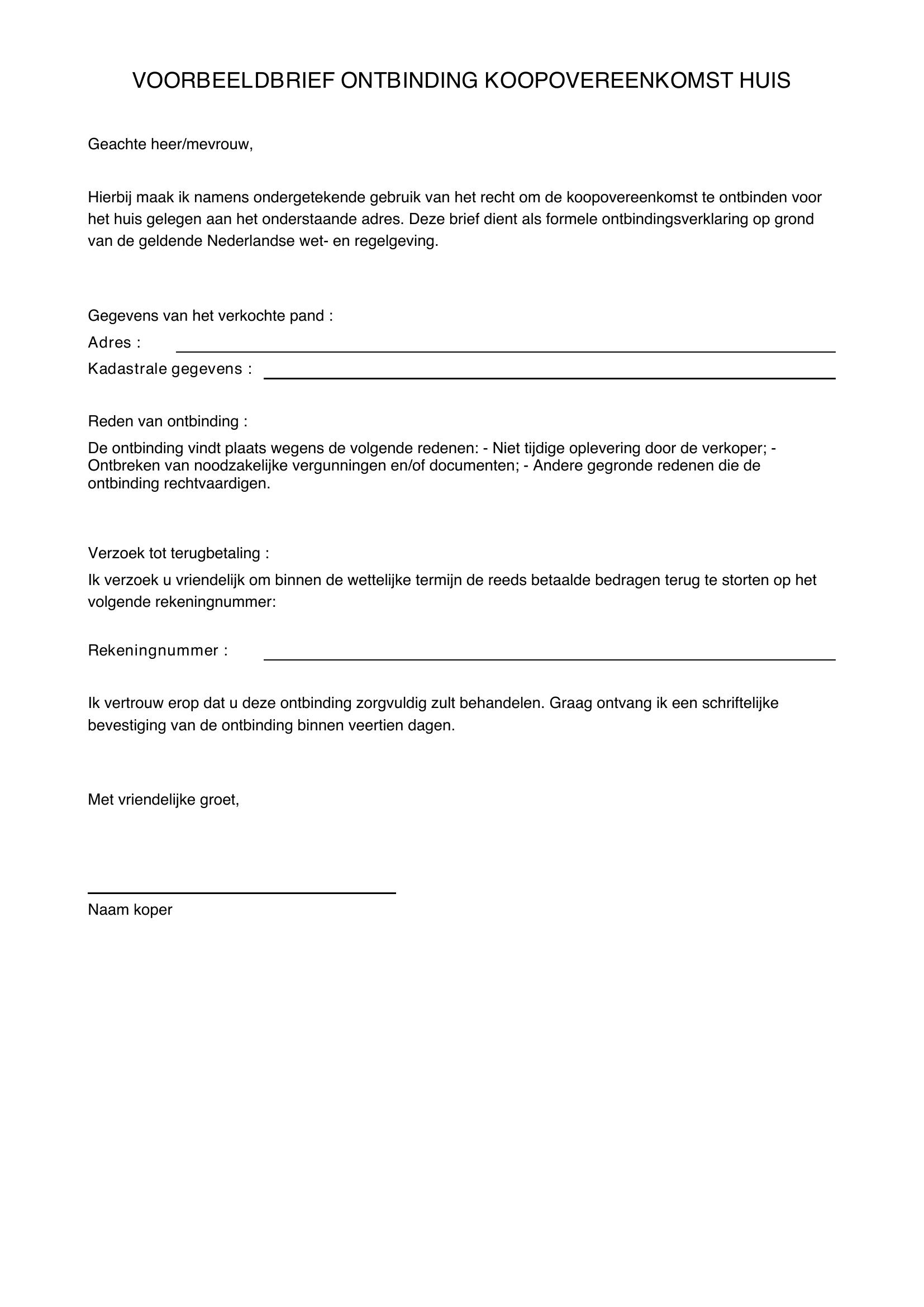 Voorbeeldbrief Ontbinding Koopovereenkomst Huis