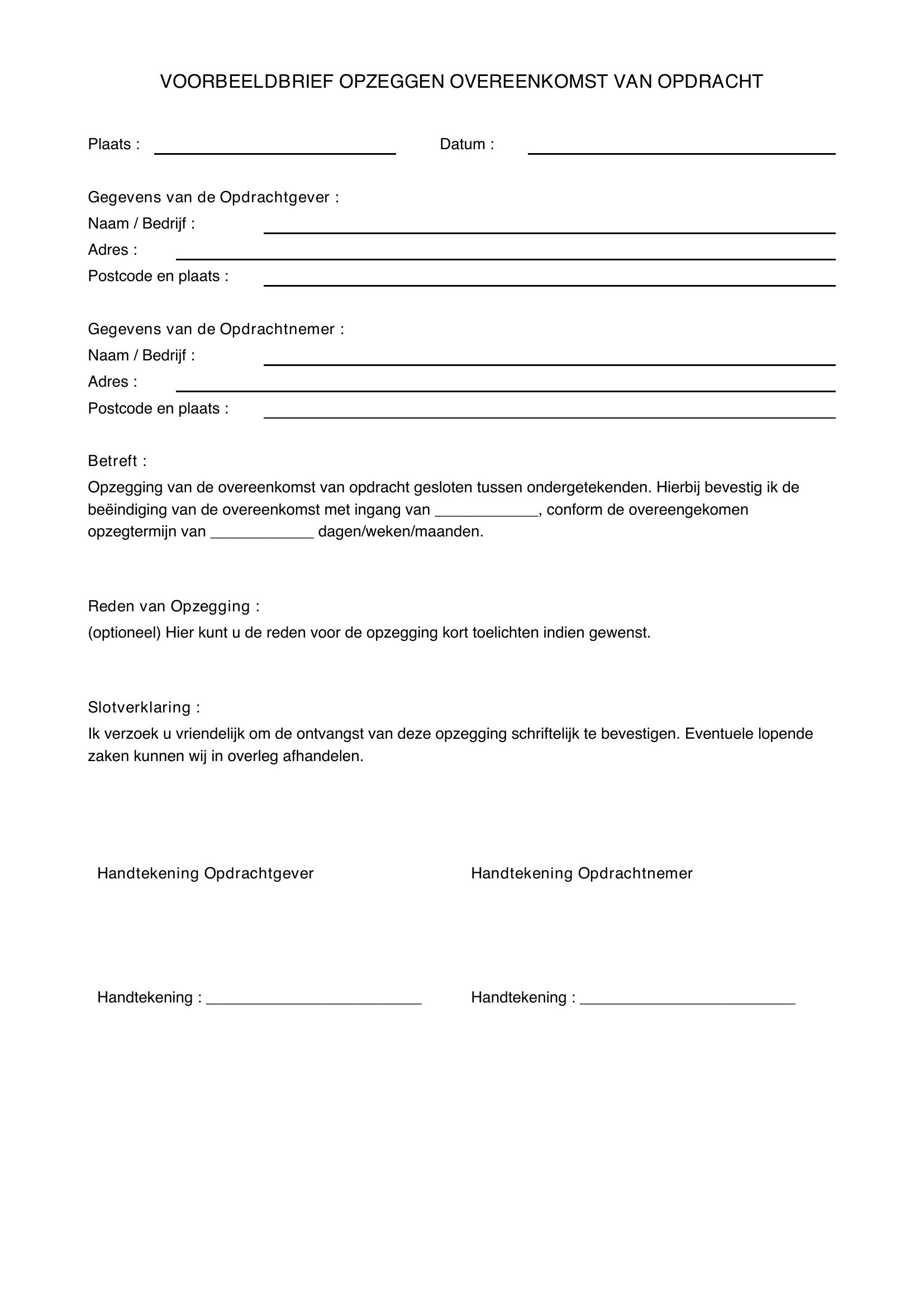 Voorbeeldbrief Opzeggen Overeenkomst Van Opdracht