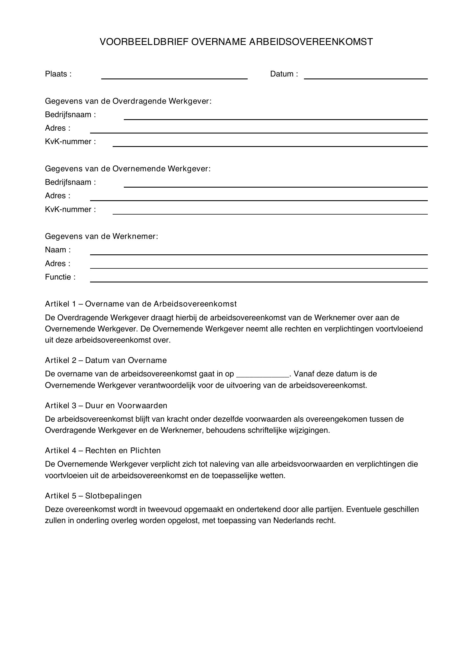 Voorbeeldbrief Overname Arbeidsovereenkomst