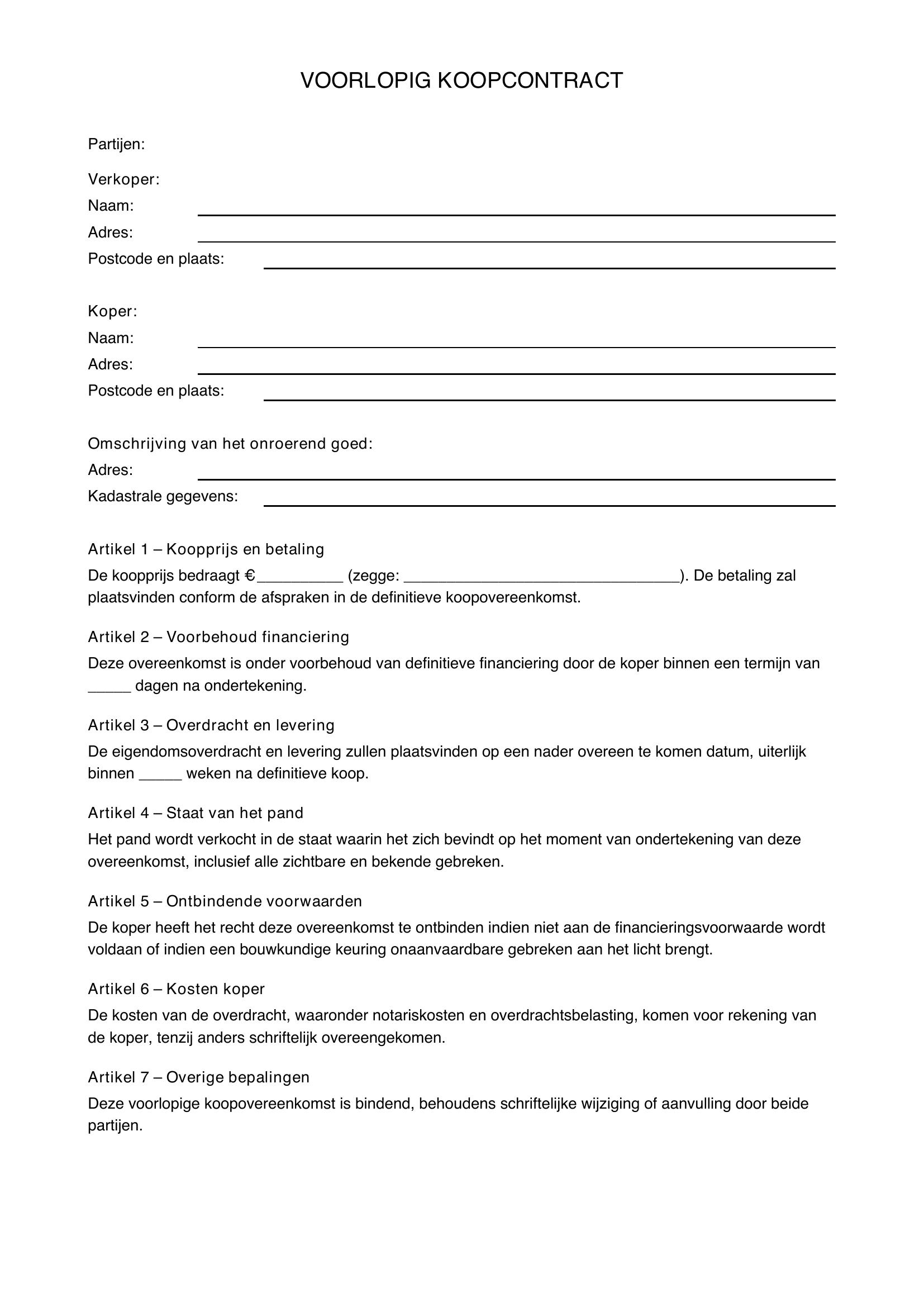 Voorlopig Koopcontract Voorbeeld