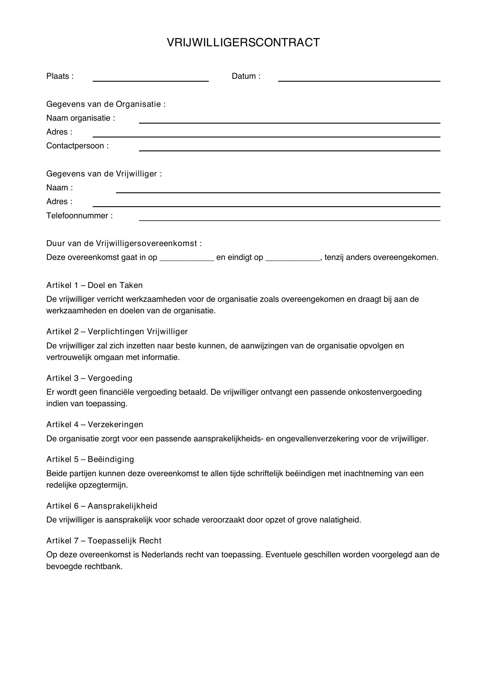 Vrijwilligerscontract Voorbeeld